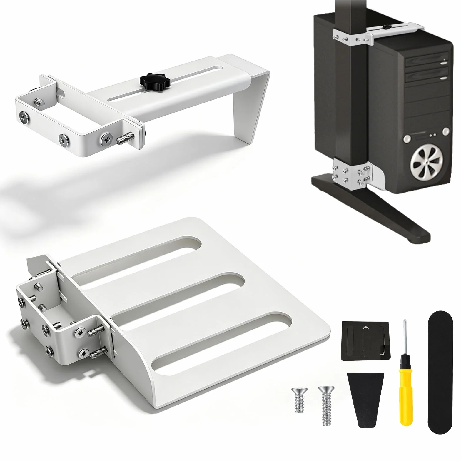 Soporte PC Bajo Mesa Blanco, Soporte PC para Escritorio sin Perforar( 80x50 Mm), 20 Kg de Capacidad de Carga, Altura Y Anchura Ajustables, Soporte Torre Ordenador Fuerte para La Mayoría de Mesas