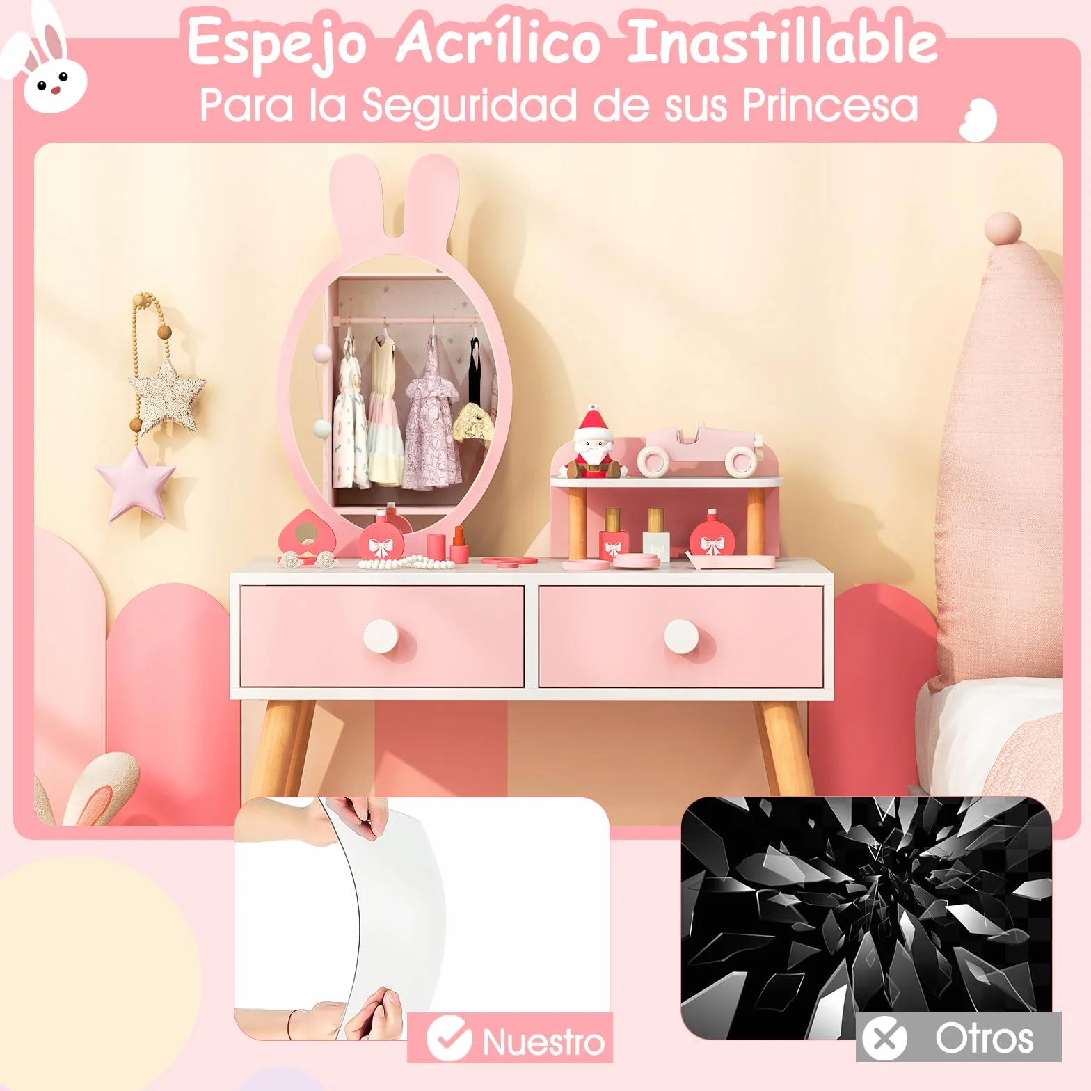 COSTWAY Tocador de Maquillaje Princesa Niña, Juego Mesa y Silla, Escritorio Espejo 2 en 1, 2 Cajones Estante, Patas Madera Maciza Rosa