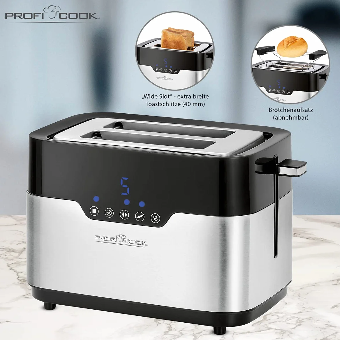 ProfiCook PC-TA 1170 Tostadora de 2 discos, Sensor Touch, Soporte para panecillos, Cajón para migas, Función de centrado, Almacenamiento compacto, 7 niveles de bronceado, Negro
