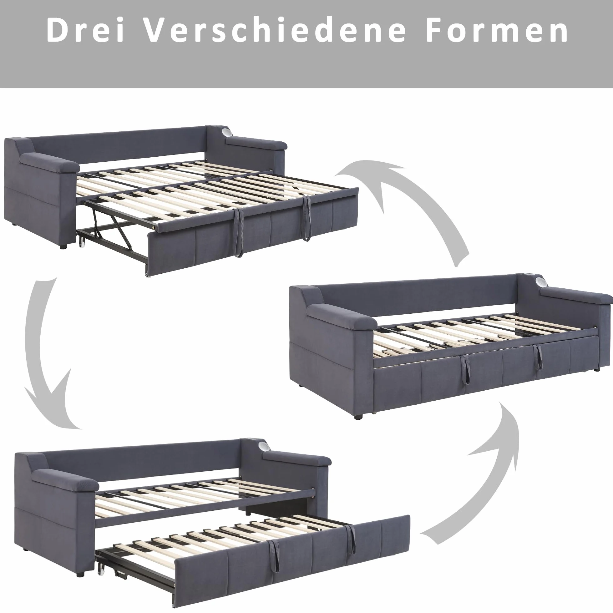 Cama acolchada, sofá cama, reposabrazos anchos y gruesos, con sistema estéreo Bluetooth inteligente, con puerto de carga USB, con compartimentos de almacenamiento, con somier, tela de