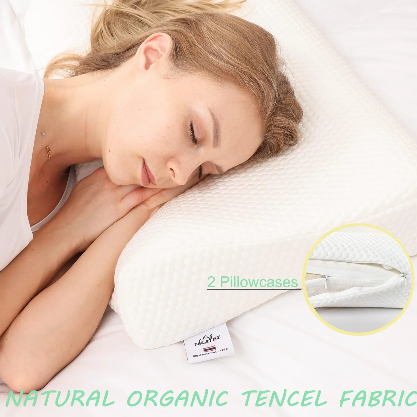Talatex Almohada ergonómica de látex para aliviar el dolor de cuello y hombros, diseño Dunlop natural ajustable, soporte firme medio, funda transpirable y lavable, regalo perfecto para dormir