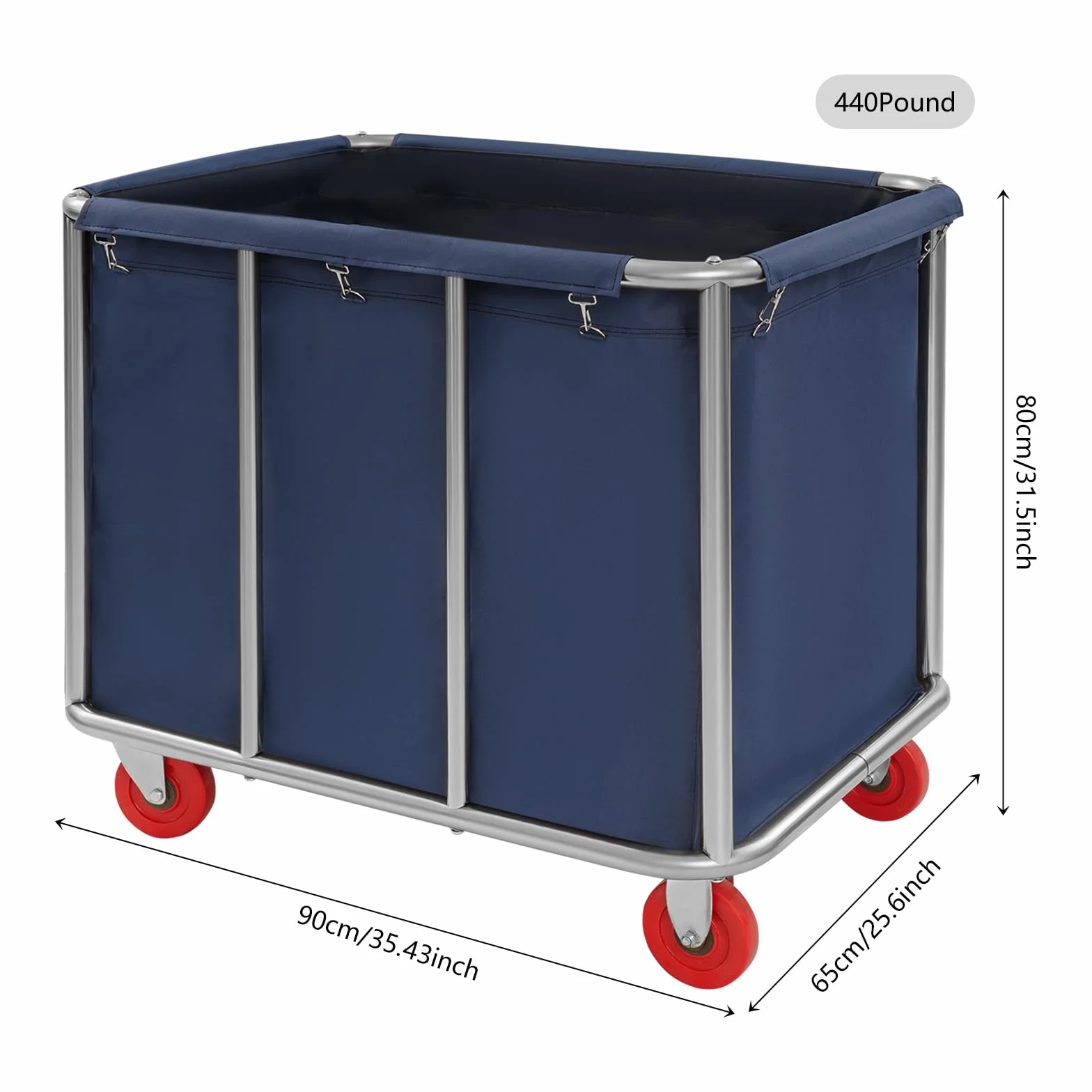 Carro de lavandería comercial de acero inoxidable con ruedas, capacidad de carga de hasta 199 kg, con cubierta Oxford recubierta de PVC, para hotel, hospital, hogar (90 x 65 x 80 cm), color