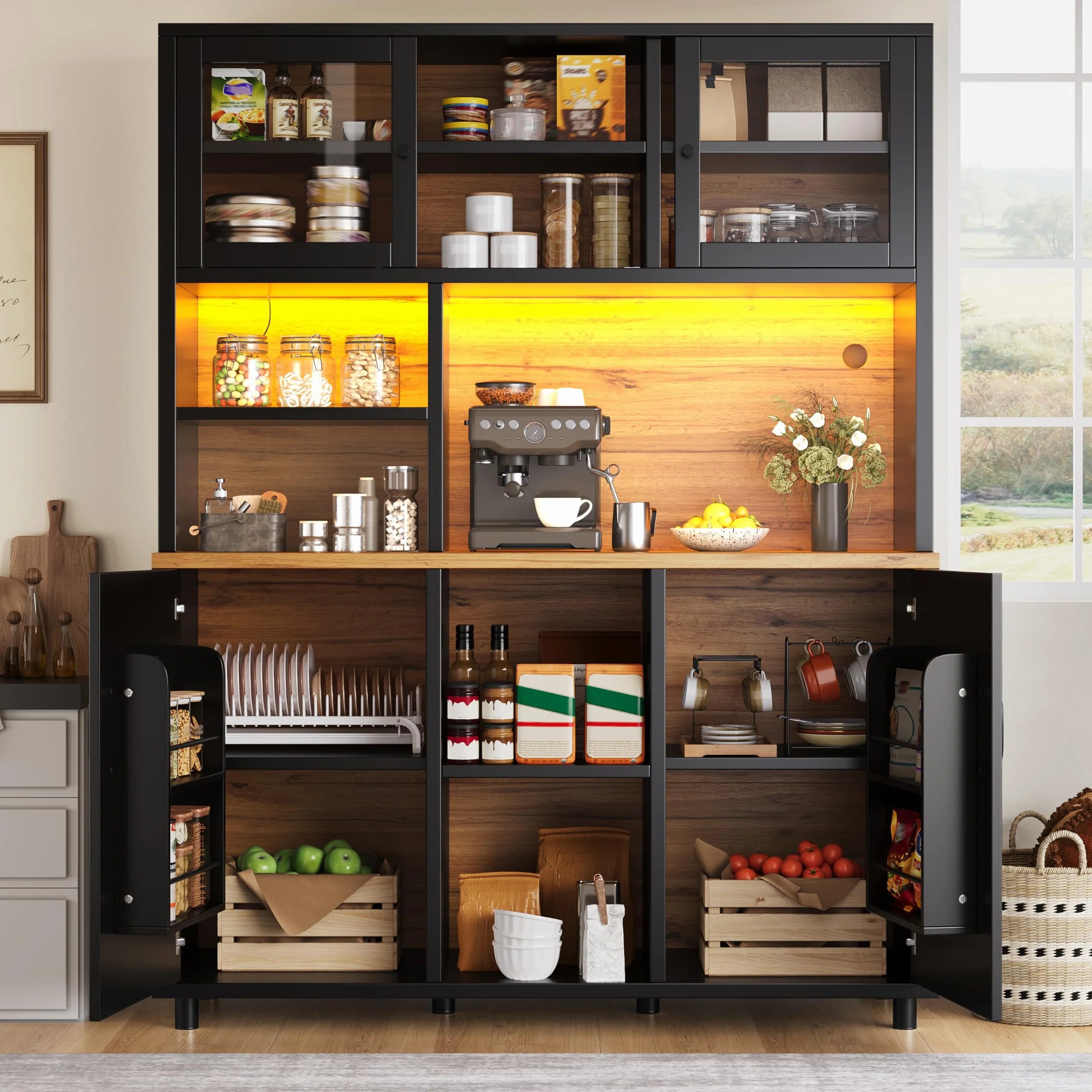 LAKFEW Alacena de Cocina Armario Cocina con Iluminación LED y Puerta Corredera de Cristal, Aparadores Mueble Auxiliar Cocina con Estante Ajustable y Puerta de Almacenaje, 140x40x185 cm, Negro