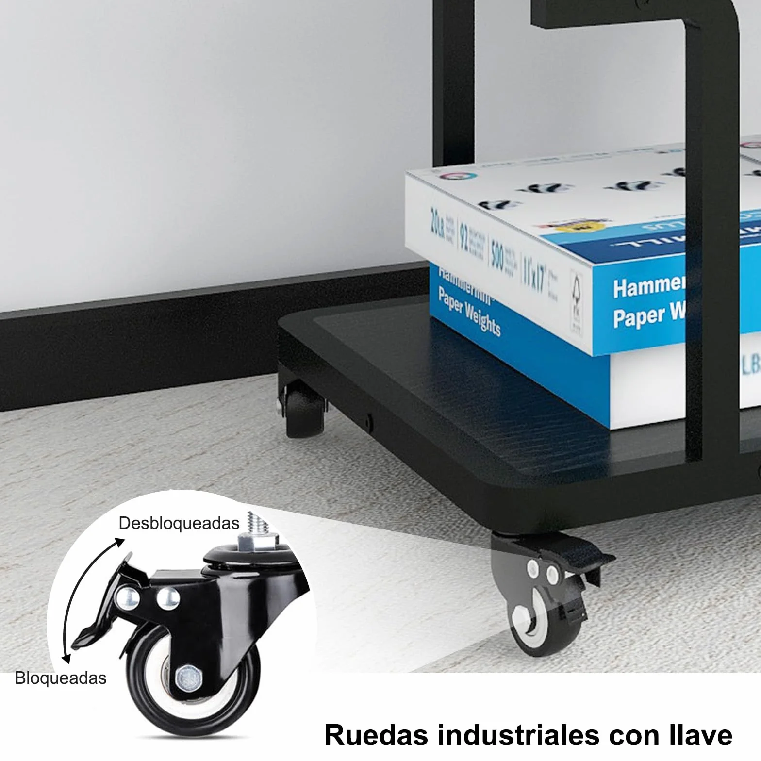 PUNCIA Mesa para Impresora de 2 Niveles con Ruedas 60 x 50 cm Soporte para Impresora Móvil de Madera y Metal con Estante de Almacenamiento para Oficina Hogar Escuela Negro