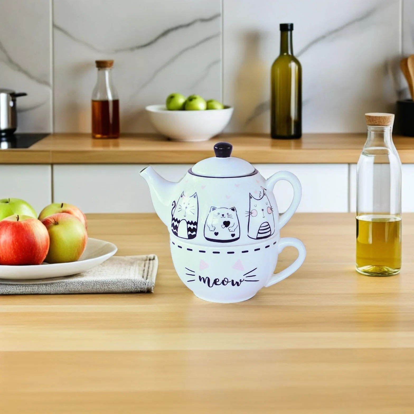 Didiseaon Juego de Té Diseño Original y Elegante de Cerámica Forma de Gato Blanco Tetera y Taza Decorativa para Uso Diario para Aficionados al Té