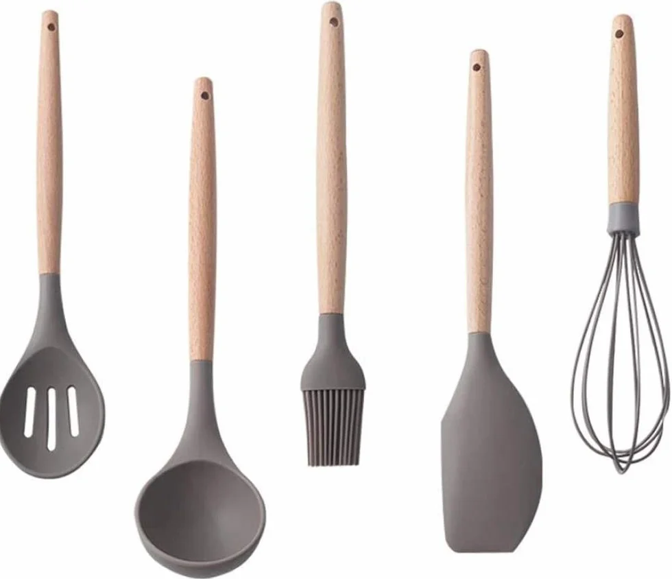 5 Piezas/Juego De Cocina De Silicona Resistente Al Calor Con Mango De Madera, Espátula De Silicona Para Batir, Cepillo Para Huevos Para Colador, Dentro De 240 ℃