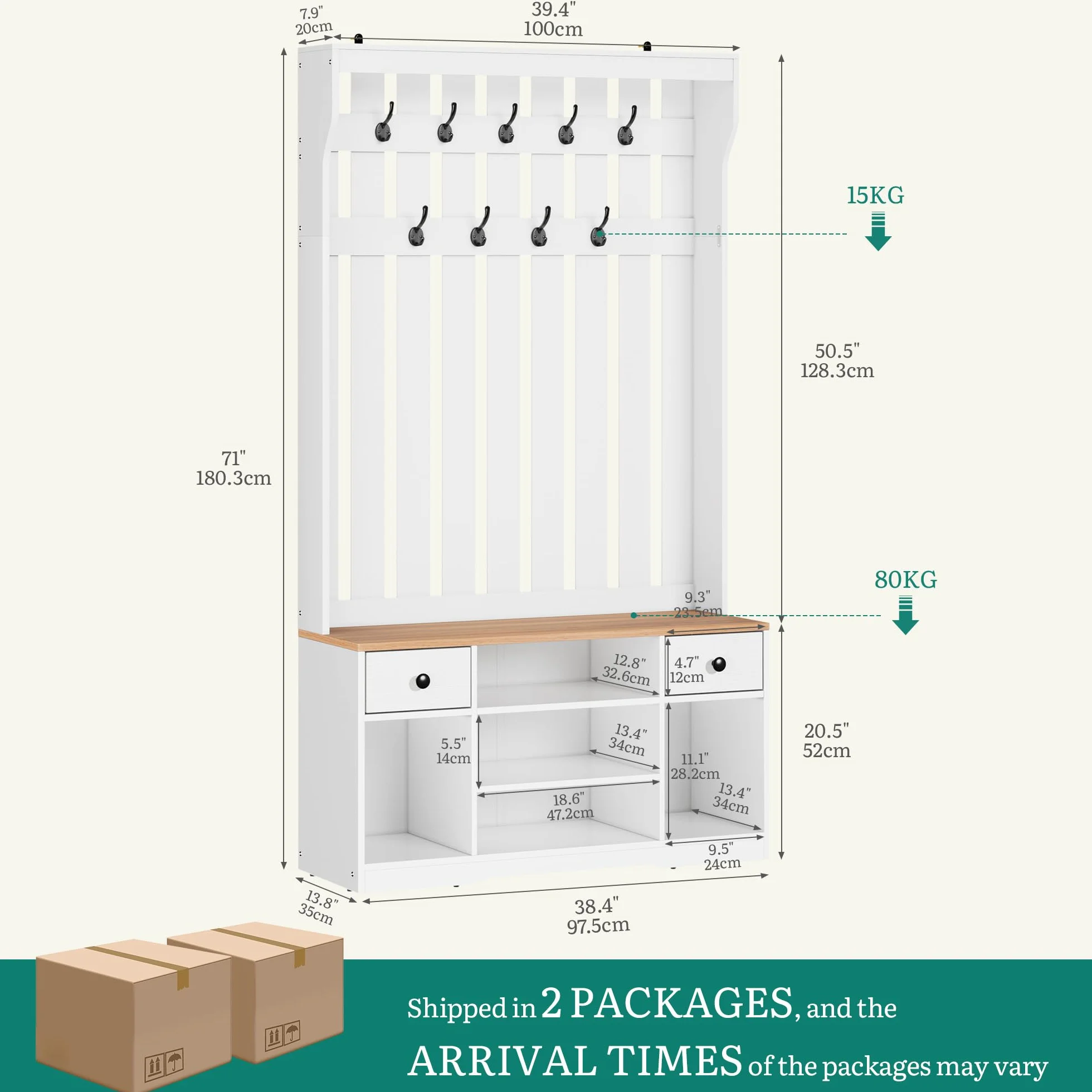 YITAHOME Perchero Entrada Recibidor con Banco, 35 x 100 x 180 cm Zapatero Entrada Recibidor, Perchero Zapatero, con 9 Ganchos y Almacenamiento, 2 Cajón de Tela, Pasillo Dormitorio Salón, Blanco/Roble