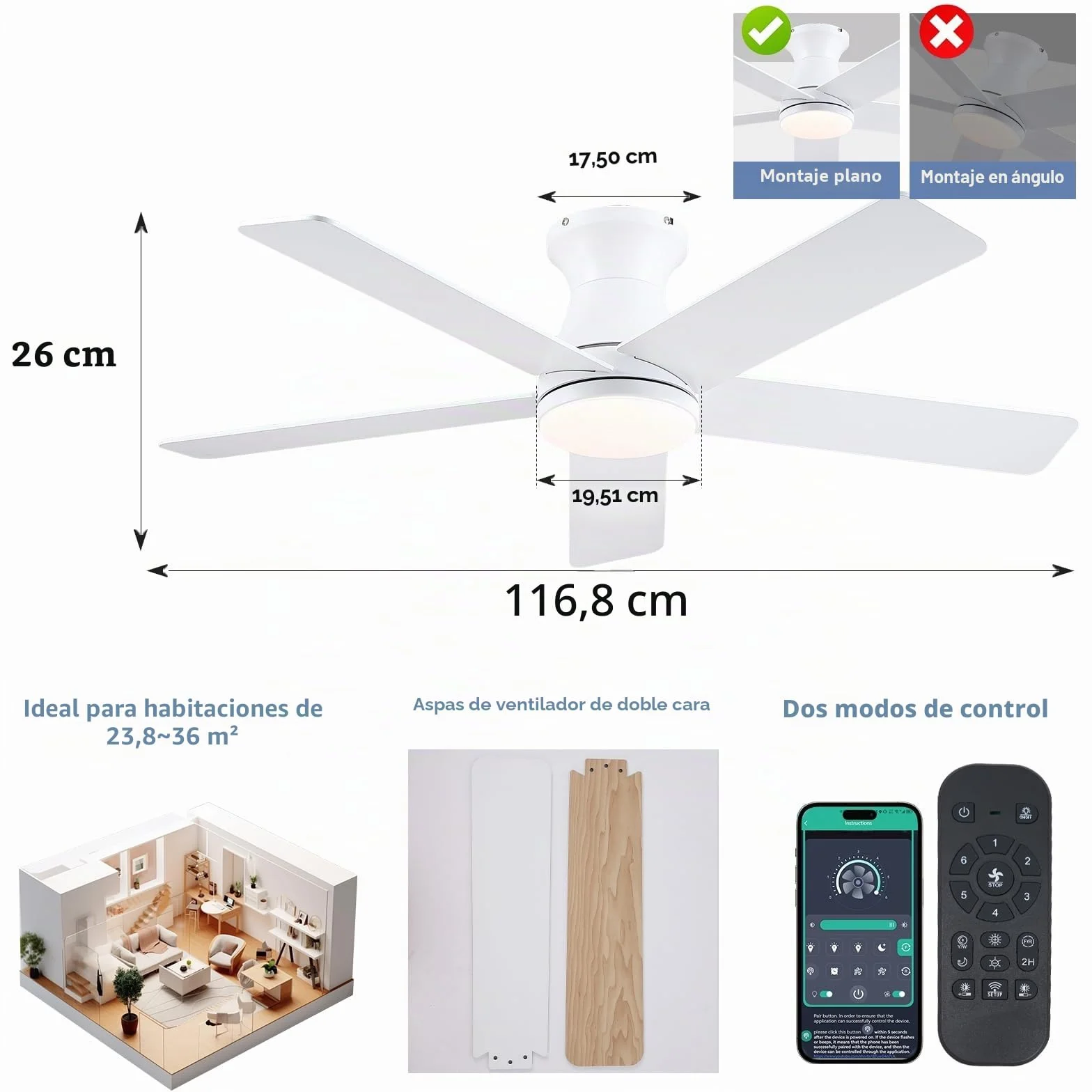 Kviflon Ventilador de techo plano de 117 cm con iluminación LED y mando a distancia, LED con intensidad regulable, 6 velocidades, ventilador de techo moderno empotrable para dormitorio y cocina.