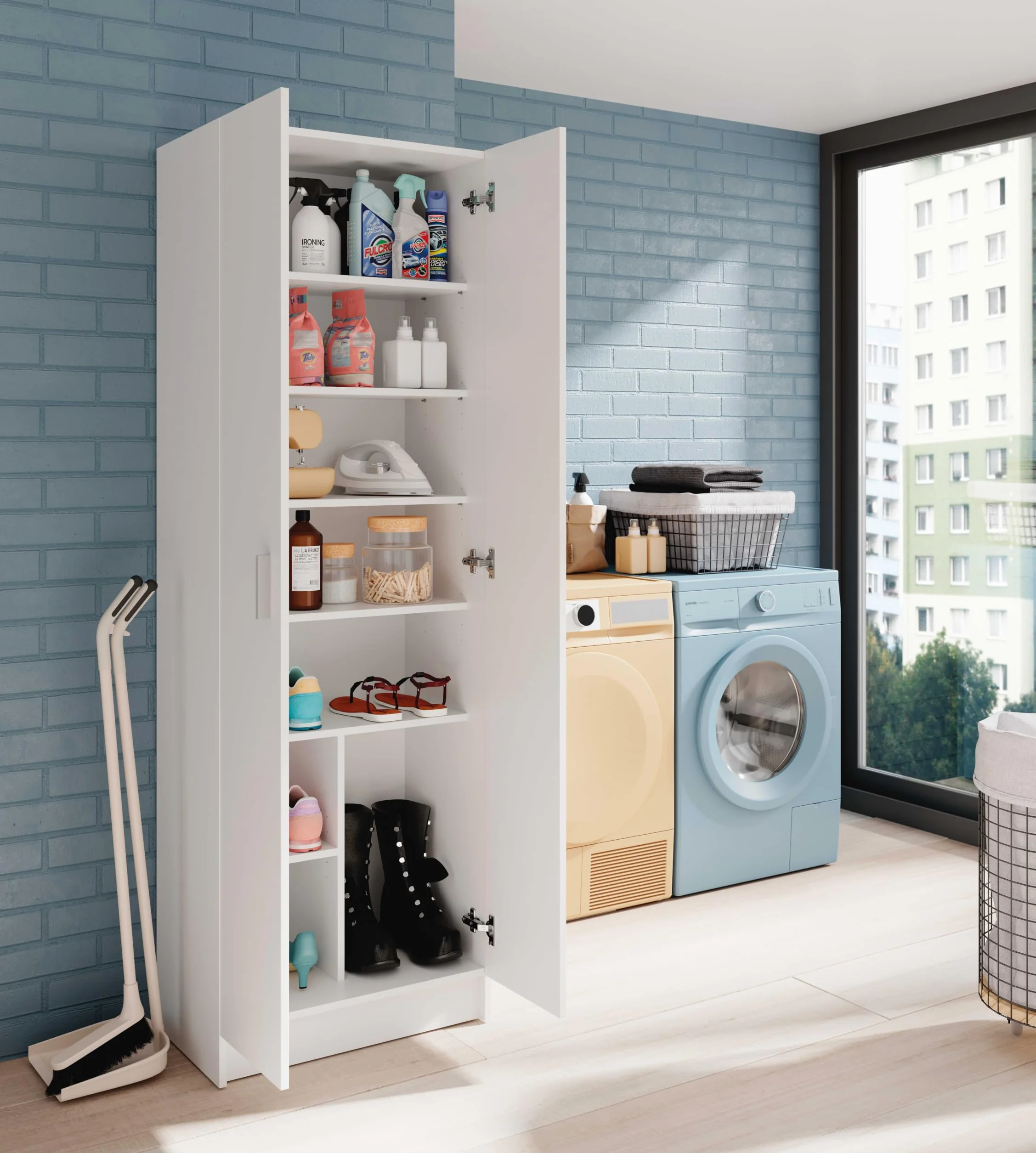 Habitdesign Armario Multiusos Adhara de 2 Puertas, Armario Auxiliar de Limpieza o Zapatero, Incluye 6 Estantes, Color Blanco Mate, Medidas: 180x59x37 cm