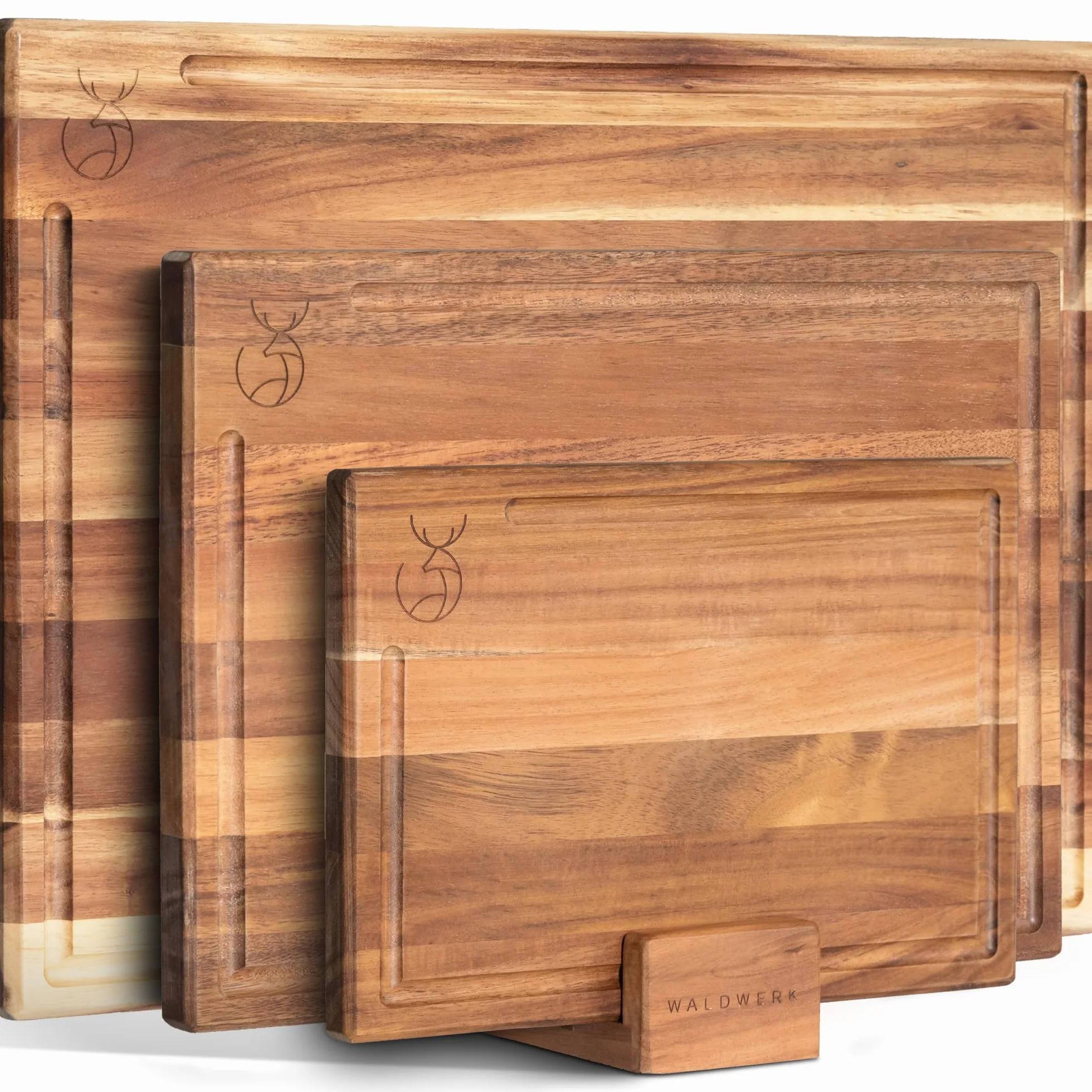 WALDWERK Tablas de Cocina Madera Maciza Acacia Juego 3 Tablas Cortar con Soporte 40x30 cm