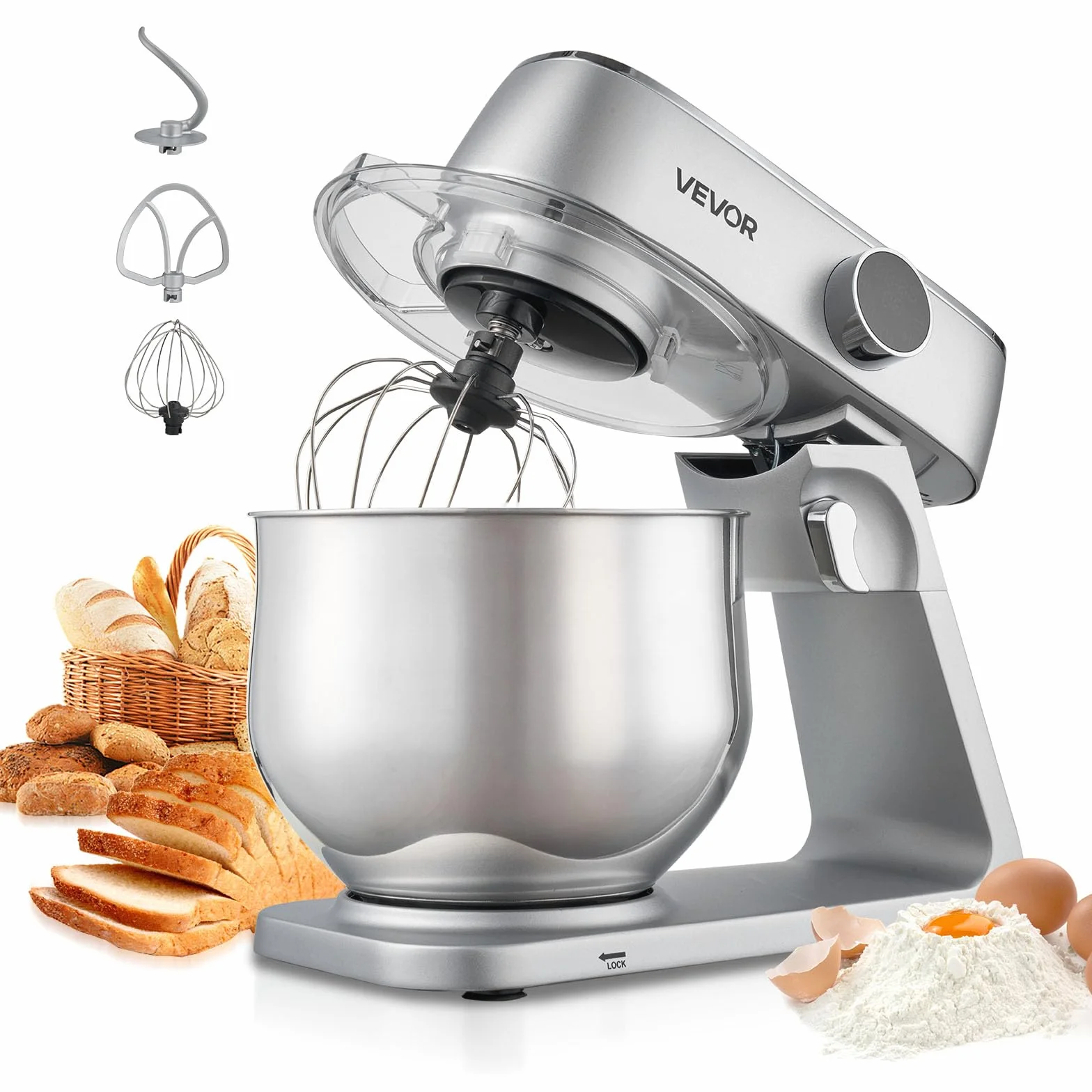 VEVOR Batidora de Pie, 1800 W, Bol de Acero Inoxidable, 7,4 L, Gancho para Amasar, Batidor y Varillas, 10 Velocidades, Inclinación Ajustable, 411 x 253 x 342 mm, a Mezclar Crema, Verduras y Masa