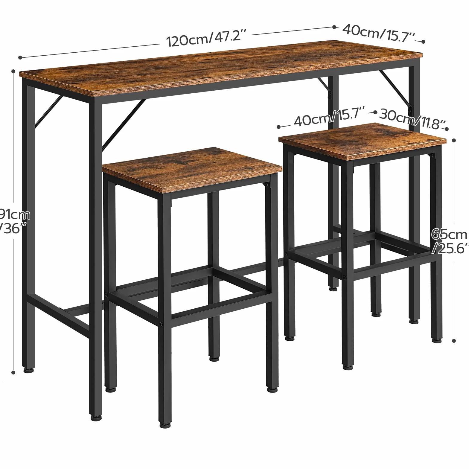 HOOBRO Juego de Mesa y 2 Taburetes de Bar, Estilo Industrial, 120 x 40 x 91 cm, Negro y Marrón Rústico