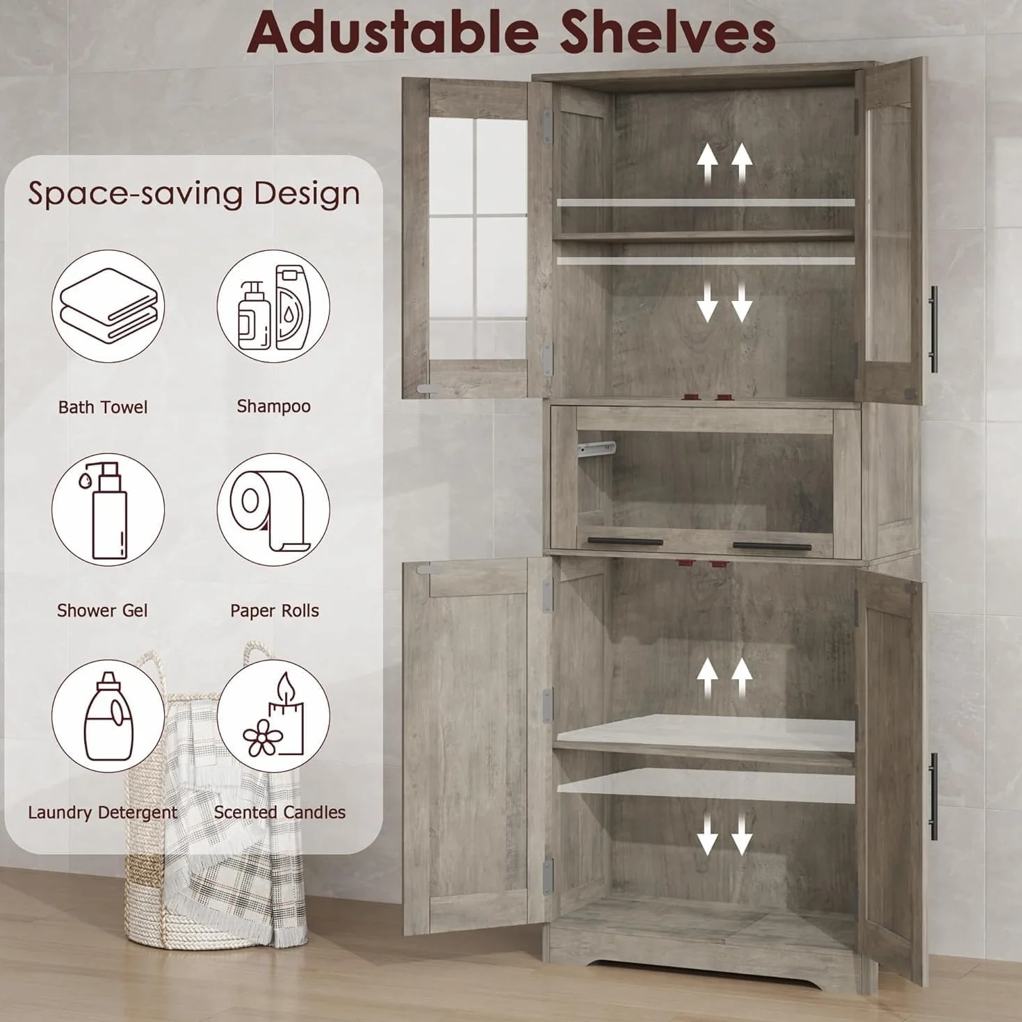 Armario de Baño Doble Compartimento 60x30x170 cm, Mueble con Puertas y Estante Ajustable, Gris