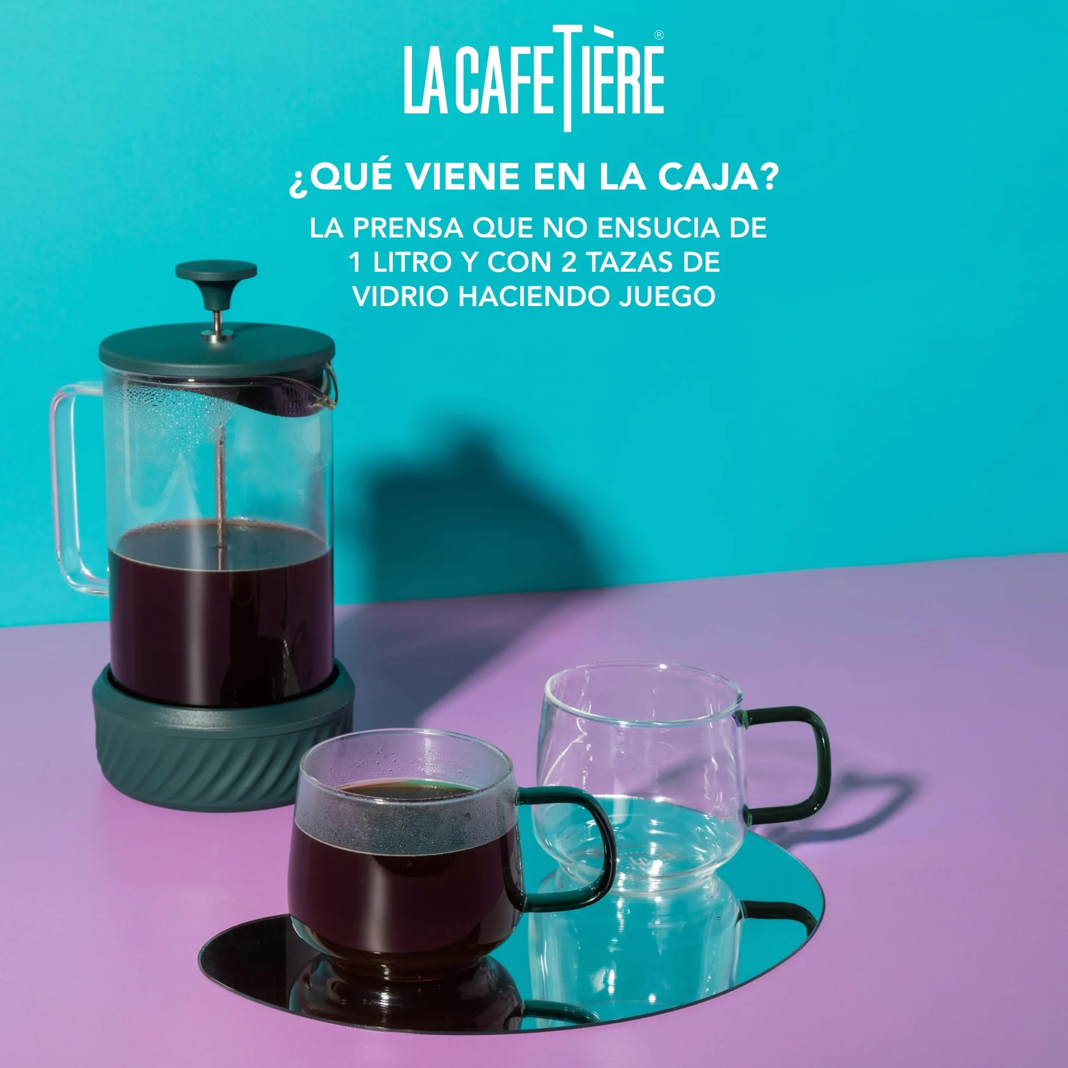La Cafetière - Cafetera Zero con capacidad para 8 tazas y juego de tazas, prensa francesa resistente al calor, mango de vidrio y base de silicona extraíble, fácil de limpiar, color verde