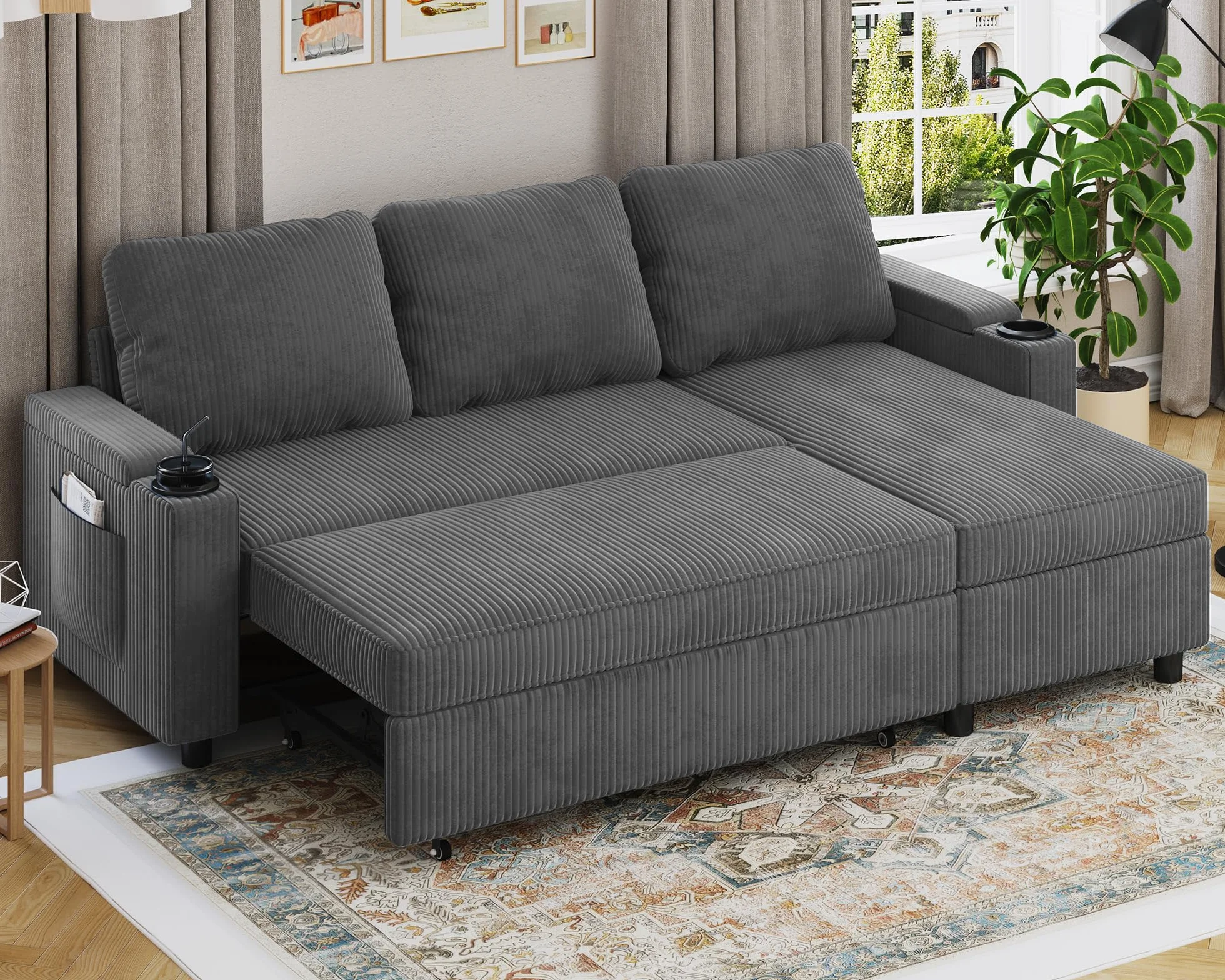 Devoko Sofá Cama Chaise Longue, Sofá de Salón Cheslong de 3 Plazas Convertible en Cama, con Almacenamiento Integrado y Portavasos, Sofá Chaise Longue en Forma de L con Tejido Suave Gris Oscuro