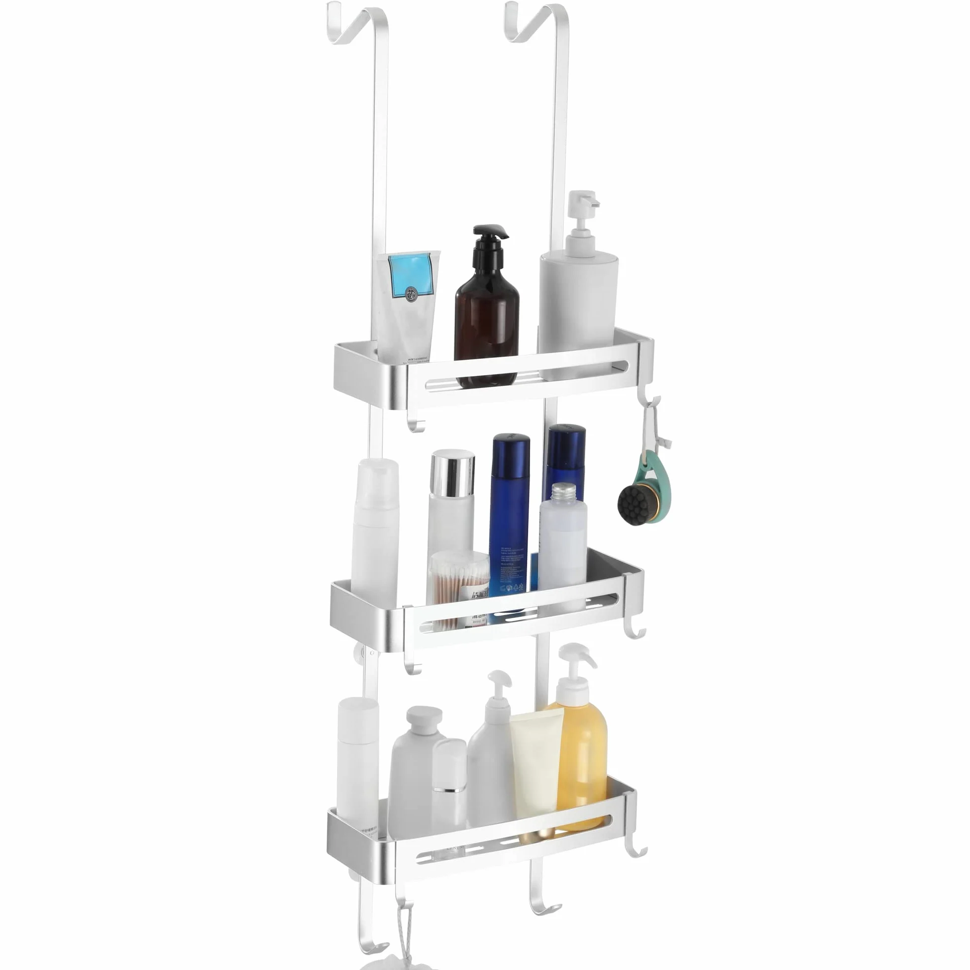 Organizador de ducha para baño, organizador de ducha para colgar sobre la puerta, estante de ducha de aluminio a prueba de óxido, estante de cesta con gancho(Plateado)