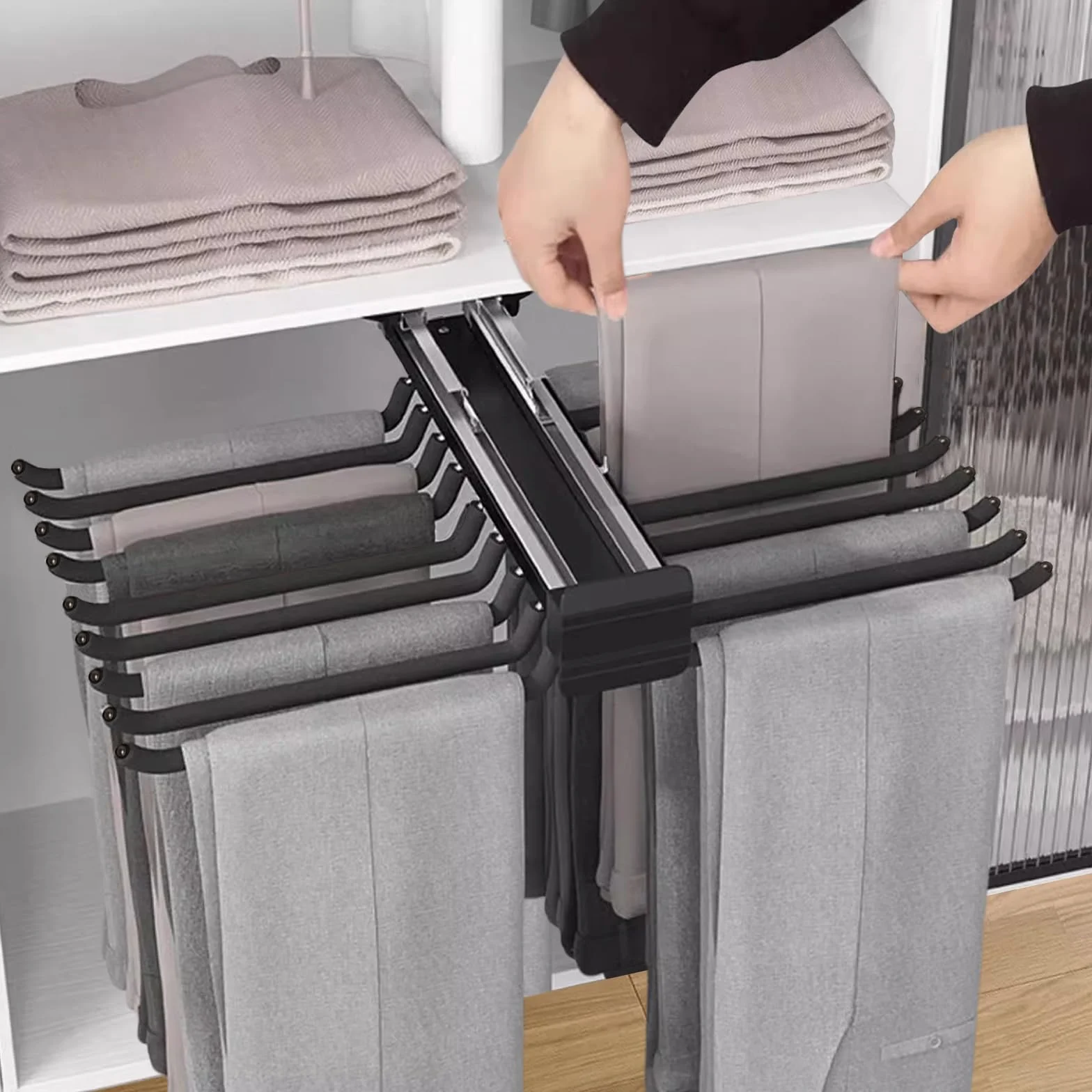 Soporte extensible para pantalón, barra para 18 pantalón, suspensión con amortiguador silencioso, organizador de ropa que ahorra espacio 45,8 cm
