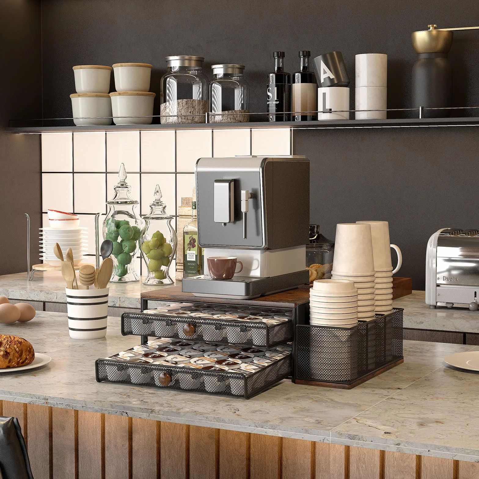 TQVAI Cajón Almacenaje Cápsulas 60 Cápsulas 2 Niveles Organizador Cafetera Dolce Gusto Negro