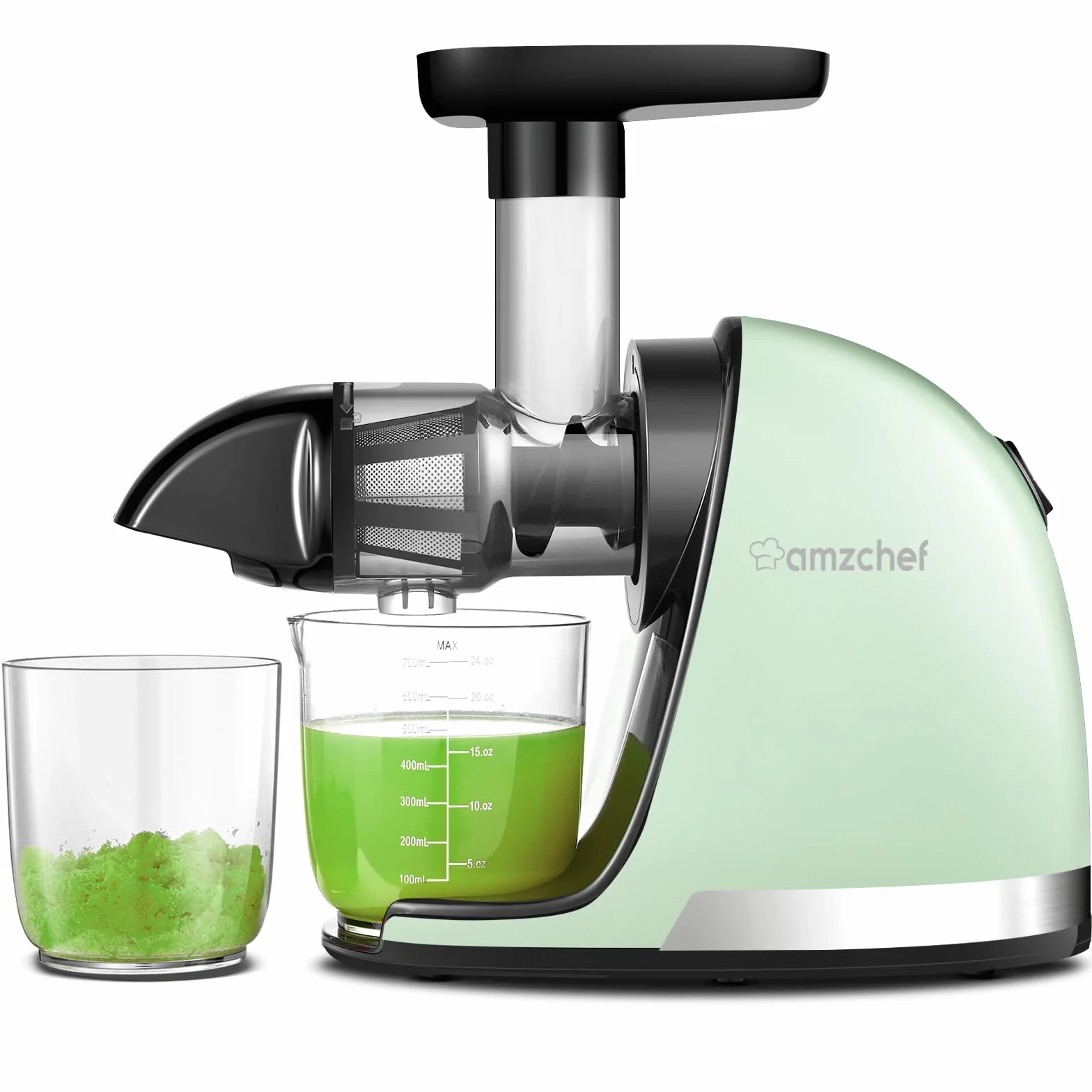 AMZCHEF Extractor de zumos y verduras - Licuadora prensado en frío - Cold press slow juicer machine con función de masticación inversa - Licuadoras para zumos con 2 depósitos y cepillo - Verde