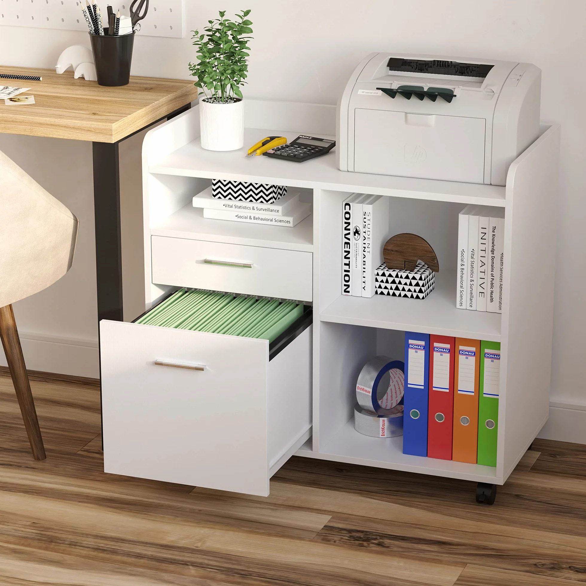 Vinsetto Mueble de Impresora Carro Multifuncional de Oficina con 3 Compartimentos 2 Cajones para Archivos Estante Ajustable Ruedas con 2 Frenos 80x40x72 cm Roble