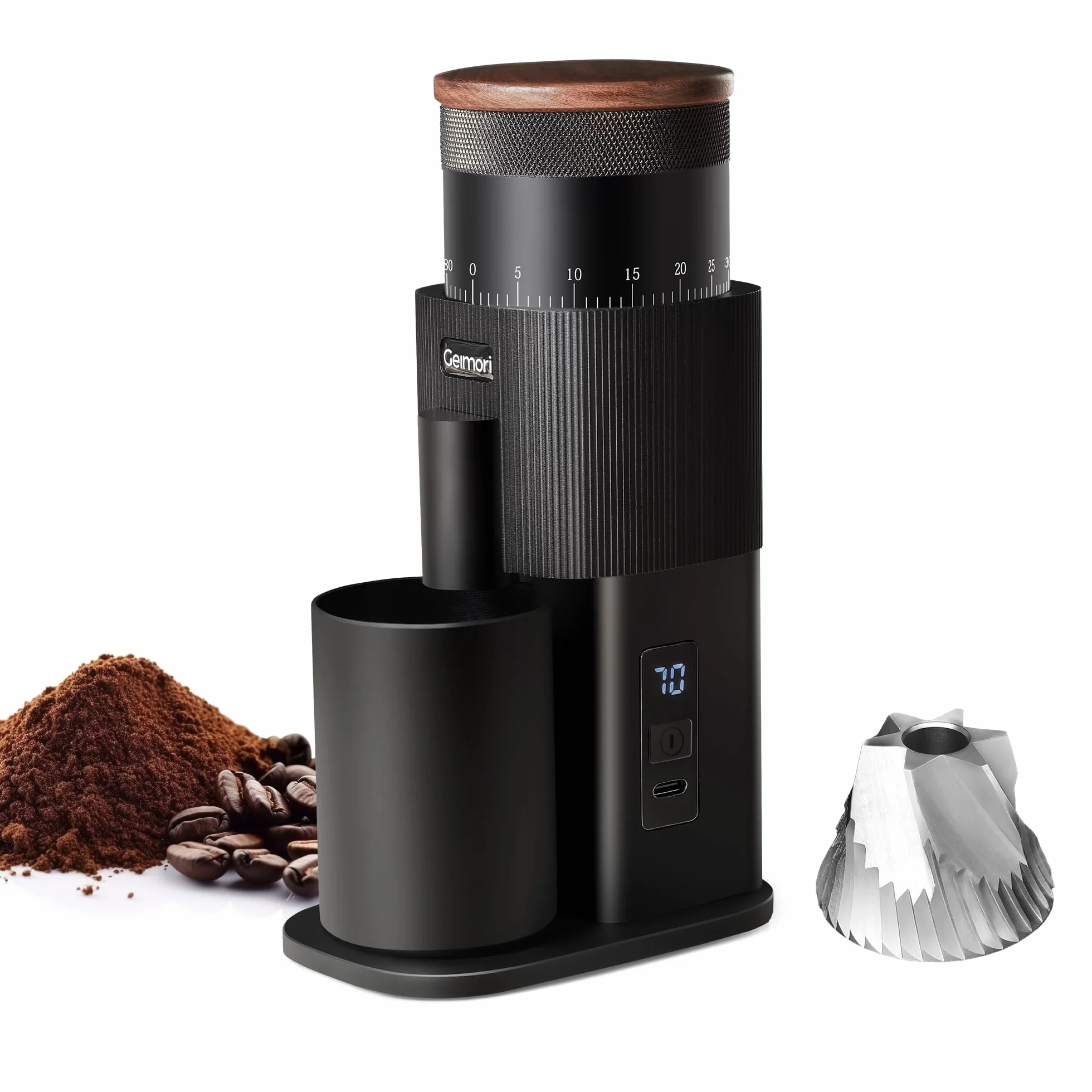 wirsh - Molinillo de café eléctrico portátil, inalámbrico, recargable, Geimori T38 con rebaba cónica de 6 núcleos de 38 mm, ajustes de molienda para espresso, vertido, prensa francesa, camping, viajes