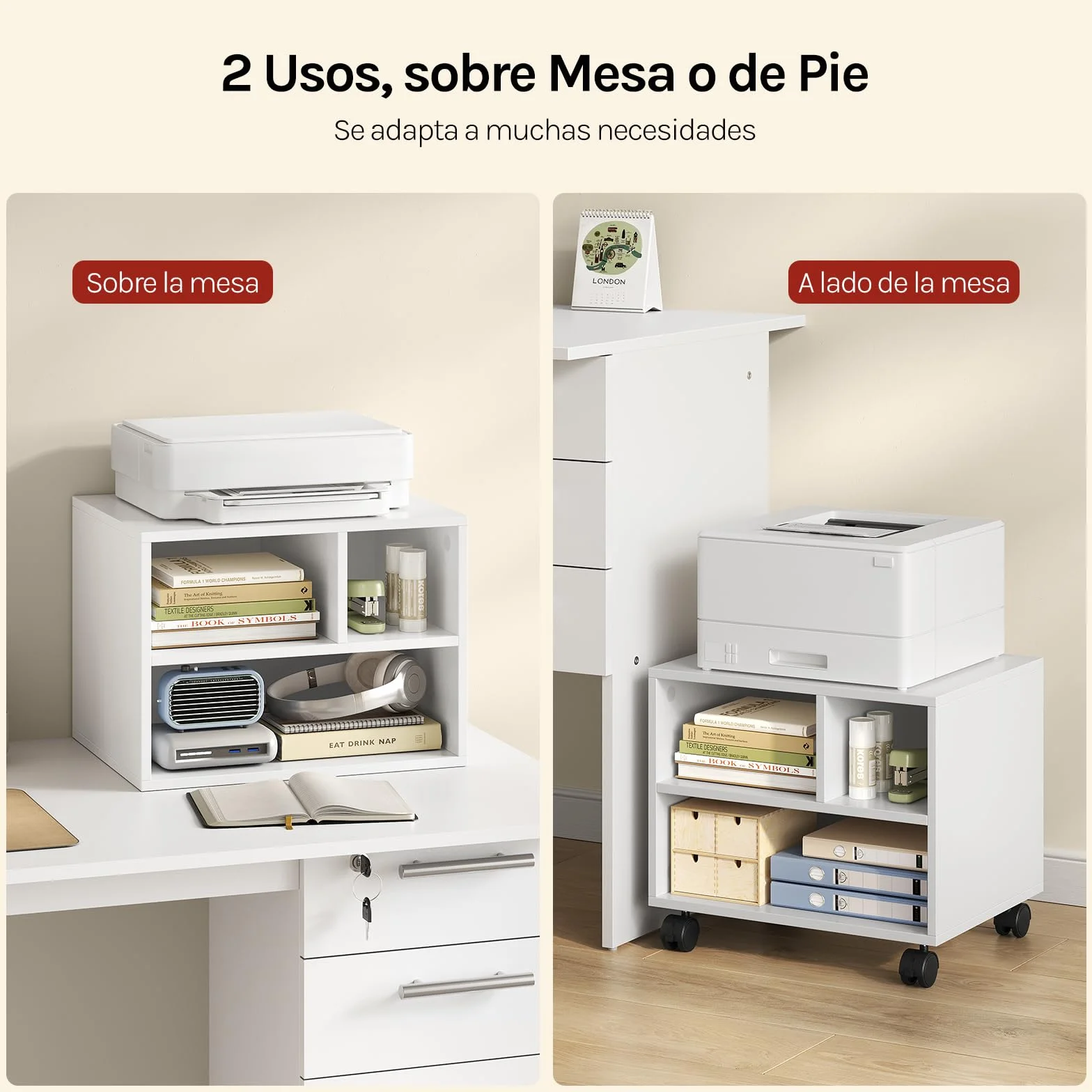 WOLTU Mesa para Impresora con Ruedas, Soporte de Impresora, Estantería Móvil, 3 Compartimentos, 40x30x35 cm, Blanco