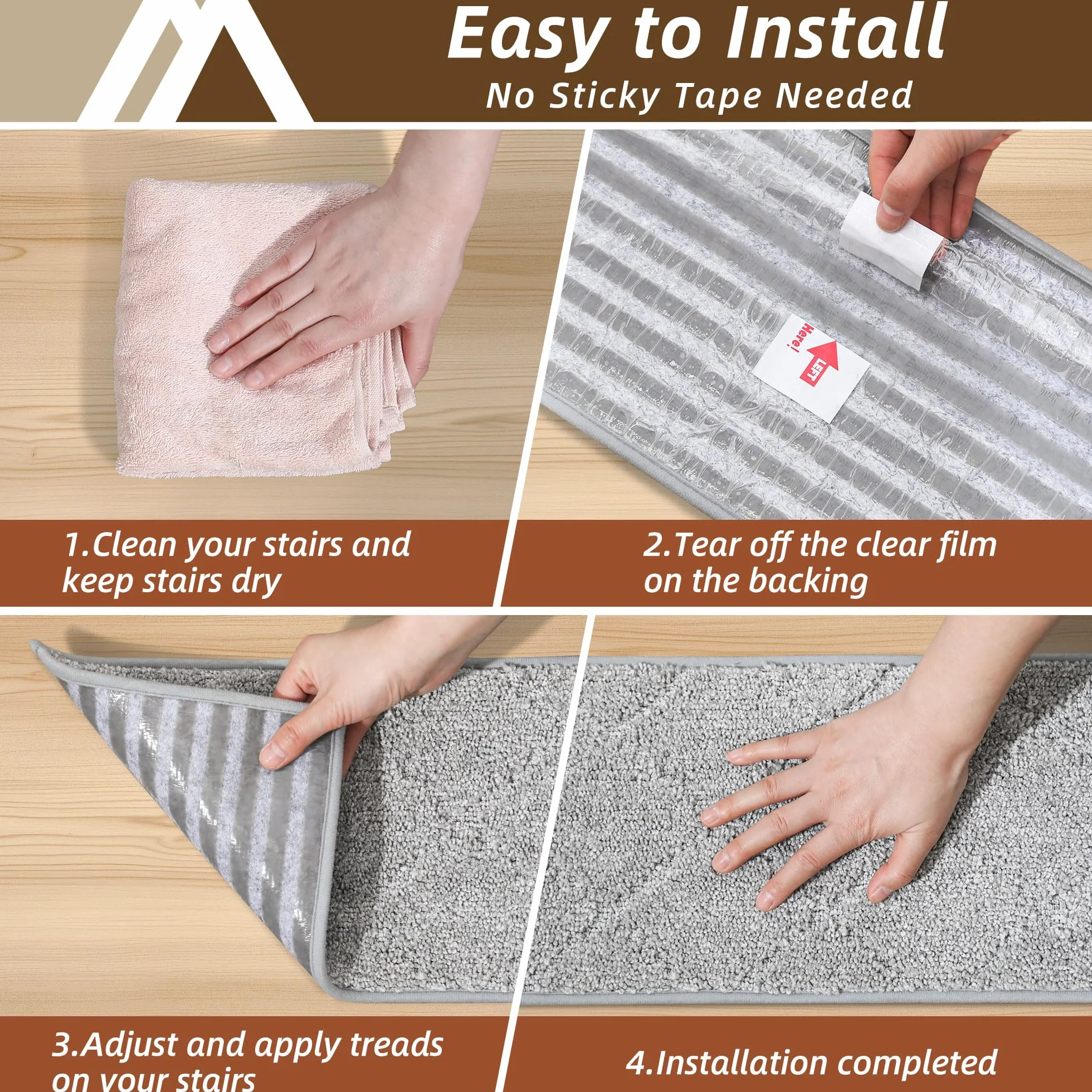 COSY HOMEER Alfombrillas para escalones interiores, 70 x 22 cm, 15 unidades, autoadhesivas, alfombra para escaleras antideslizantes, parte trasera de elastómero termoplástico, lavables a máquina, 100%