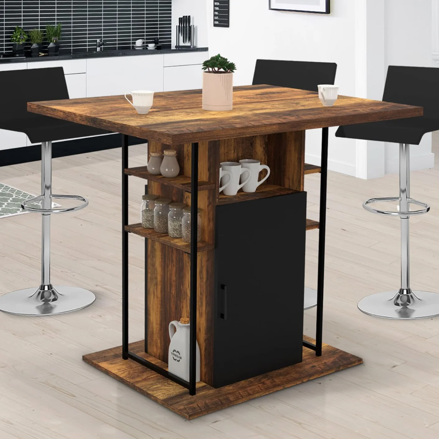 IDMarket – Ilot Central UGO 110 cm madera negra y efecto madera oscura Hawkins con almacenamiento, diseño industrial