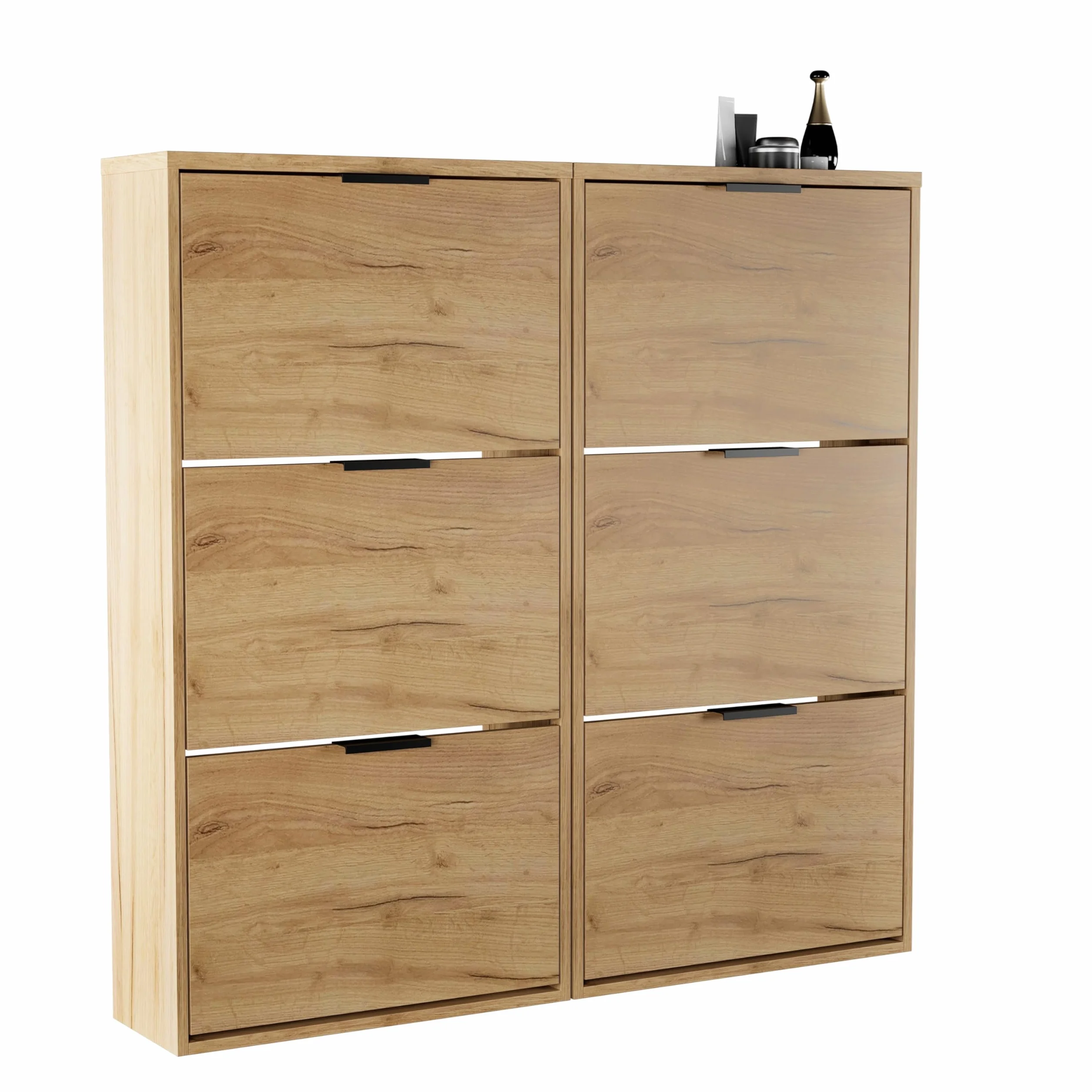 Planetmöbel 2 x Zapatero Estrecho con 3 Puertas, Organizador Zapatos con 6 estantes, Armario Zapatero para recibidor, Pasillo, guardarropa 60 x 23 x 118 cm, Roble Dorado