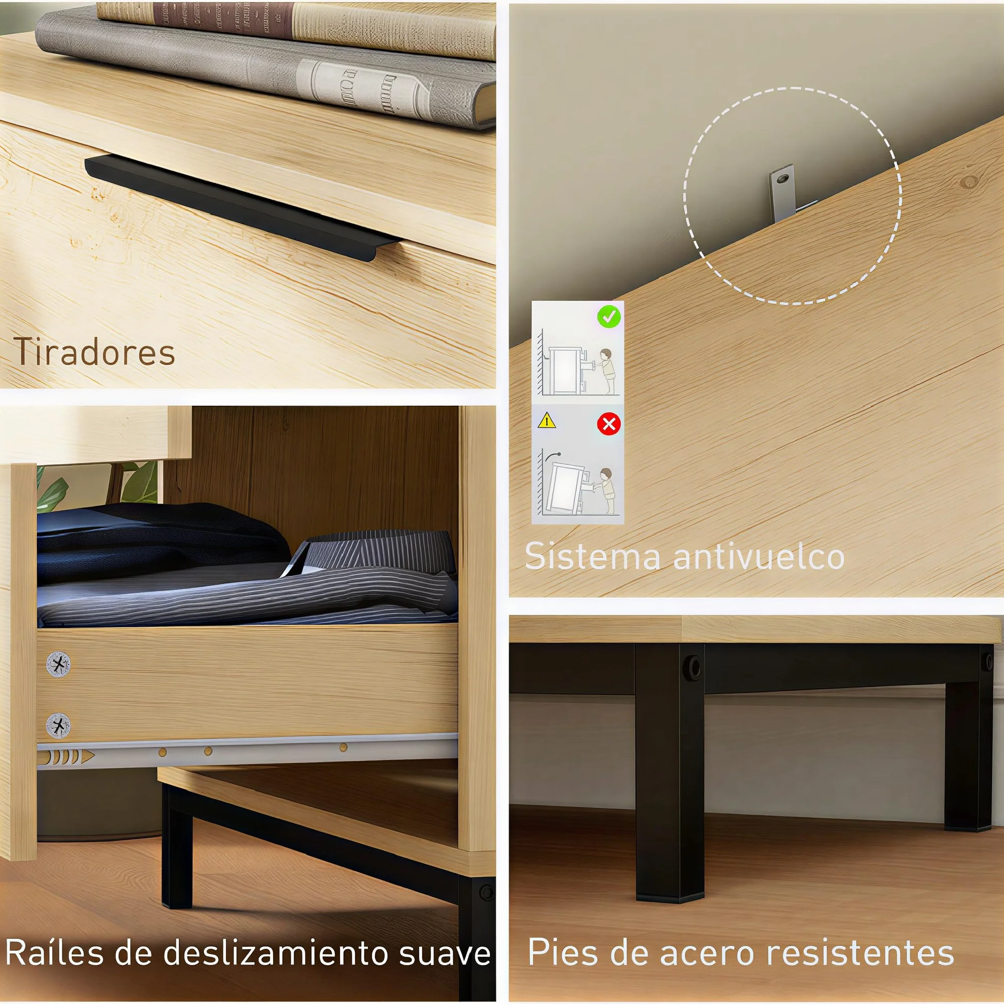 HOMCOM Cómoda de 4 Cajones Alta con Tiradores Metálicos Cómoda para Dormitorio Cajonera Estrecha para Pasillo y Salón 62x35x105 cm Natural