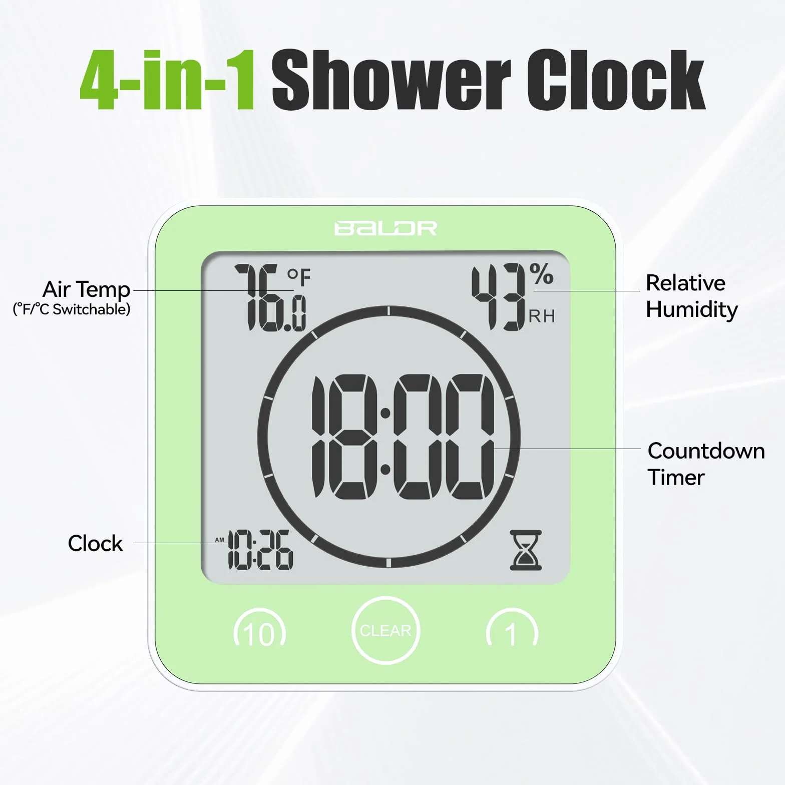 BALDR Reloj de Ducha LCD Impermeable 4.16 x 1.63 x 4.32 Pulgadas Verde