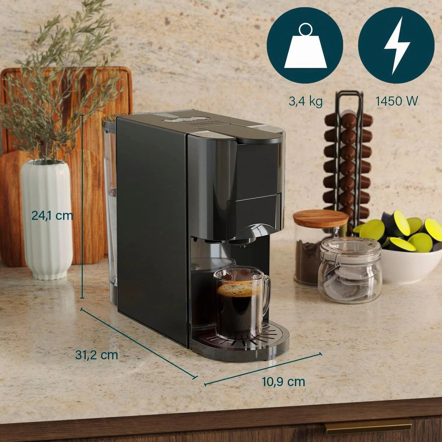 Princess Máquina multicápsula, bomba italiana de 19 bares, depósito de agua de 800 ml, compatibilidad 4 en 1, 1450 W, compatible con Nespresso® y Dolce Gusto®, sin BPA, piezas desmontables, 249454