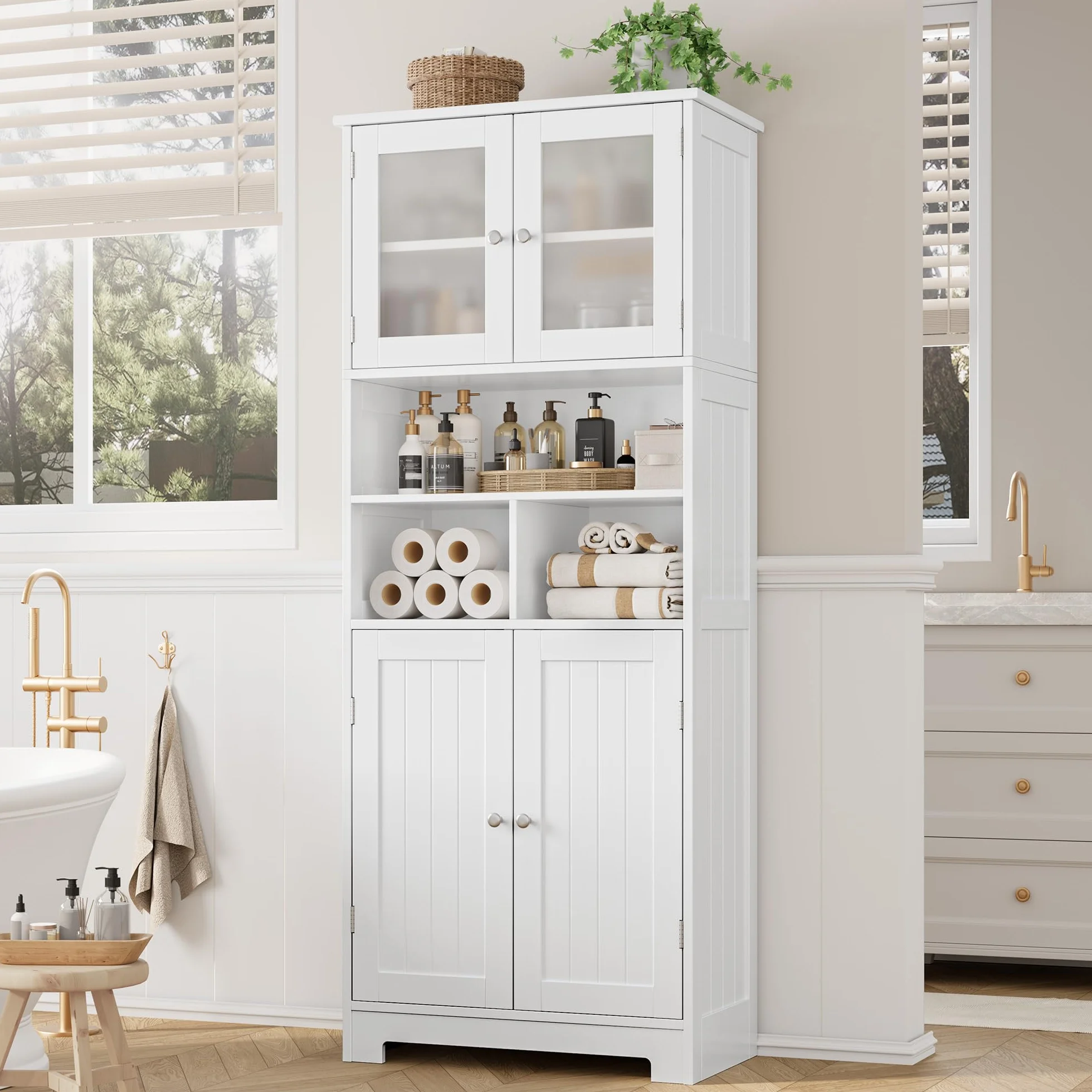 HOCSOK Mueble Columna de Baño, Mueble Auxiliar de Almacenaje con 4 Puertas y Compartimentos de Almacenamiento, Armario de Madera de Suelo para Entrada, Salón y Cocina, Blanco
