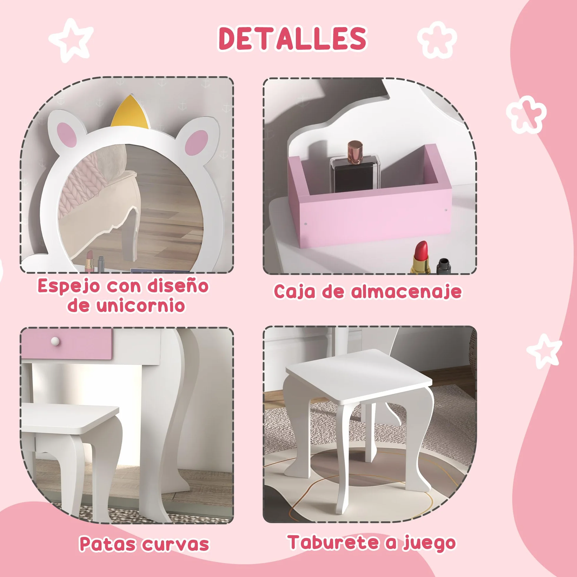 Tocador Infantil con Taburete y Espejo, Diseño Unicornio, Mesa de Maquillaje para Niñas 3-6 Años, Blanco