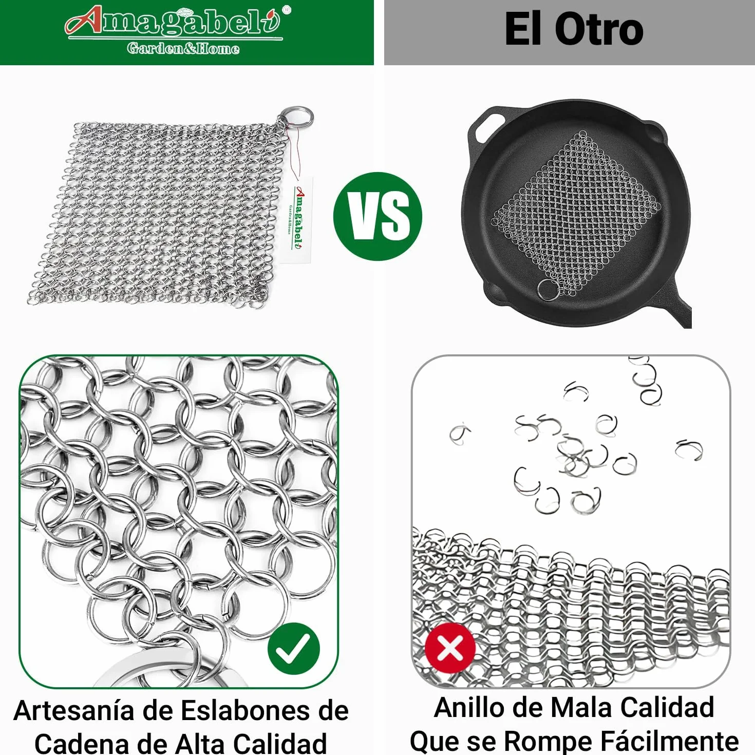 Amagabeli Limpiador de Hierro Fundido Acero Inoxidable 20x15,2cm Depurador Cota de Malla Parrillas Sartenes Hornos Holandeses