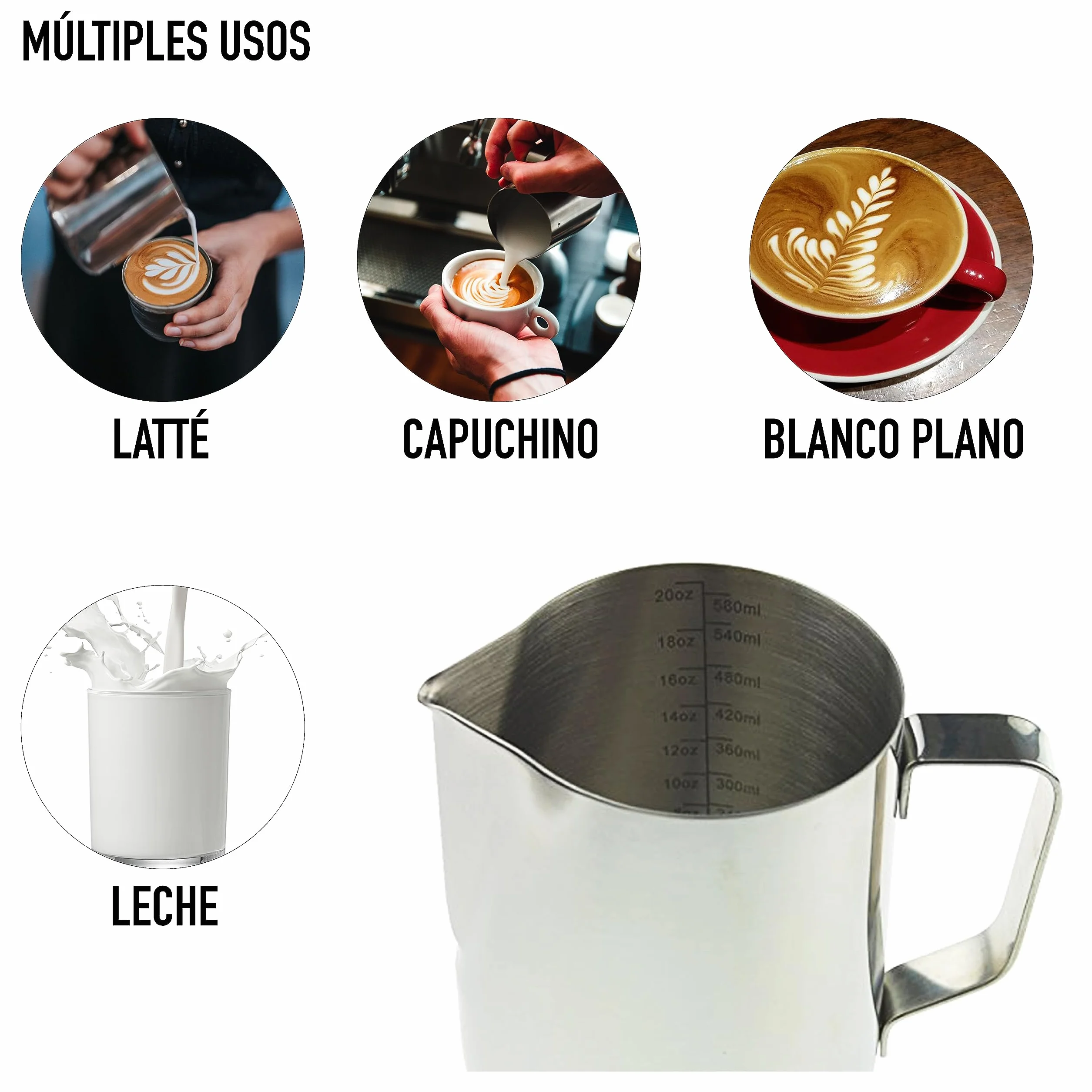 Jarra de leche Barista 600 ml de acero inoxidable para máquina de café, espuma de leche