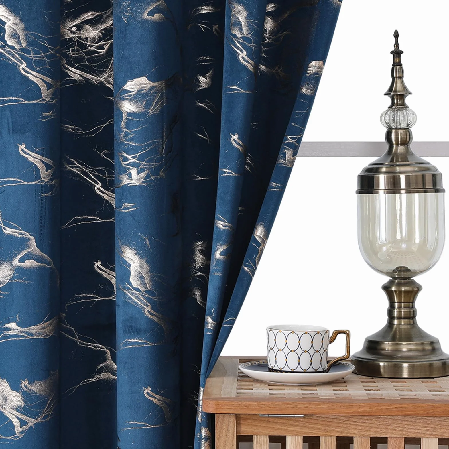 Cortinas Azul Marino Doradas Efecto mármol, H200 x An140 cm, Juego de 2 Paneles, Terciopelo Suave, Cortinas Opacas 85-90%, Ojales metálicos 4 cm, salón Dormitorio Oficina