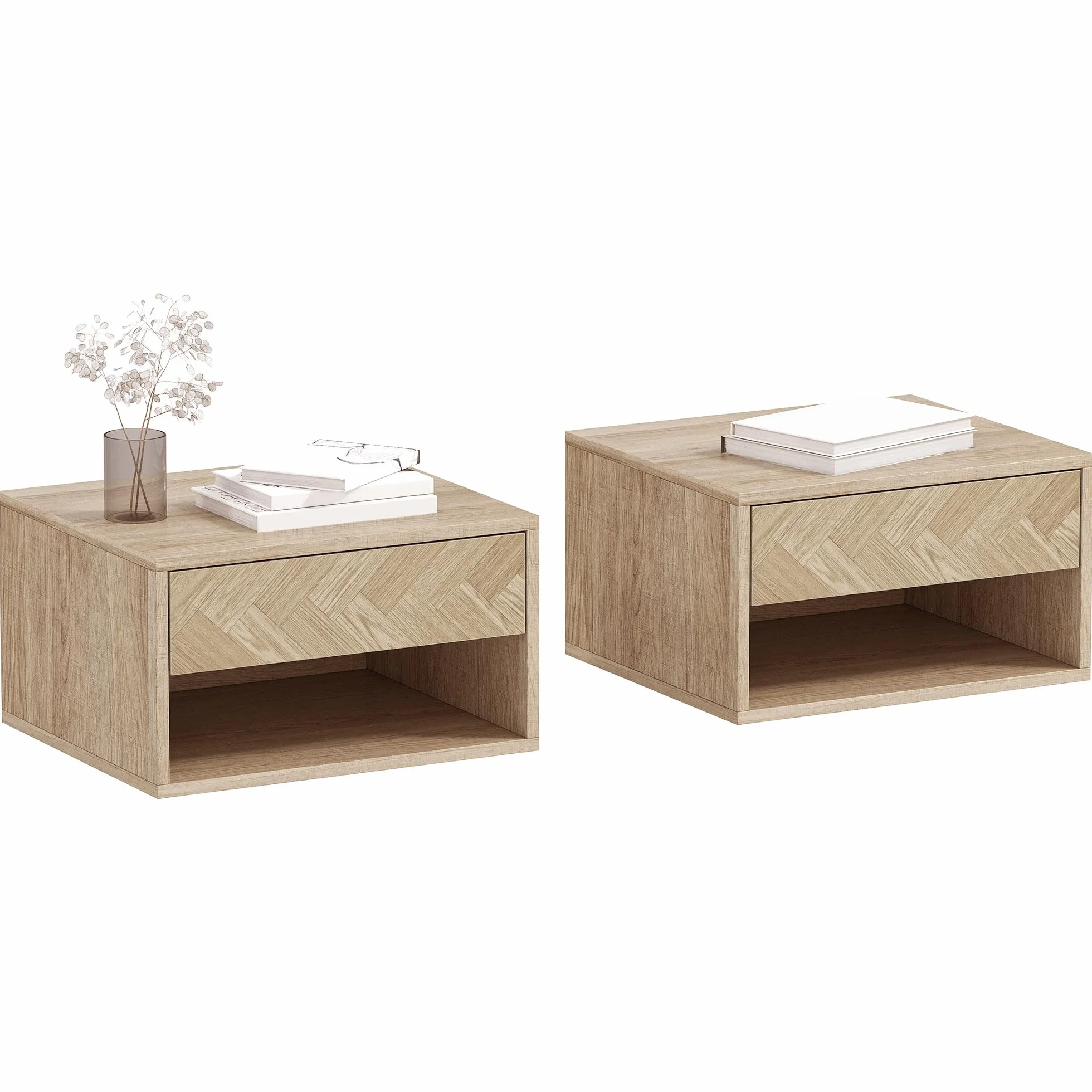 HOMCOM Juego de 2 Mesitas de Noche Flotantes, Mesillas de Noche con Cajón, Estante Abierto, para Dormitorio, Salón, 37x32x21 cm, Natural