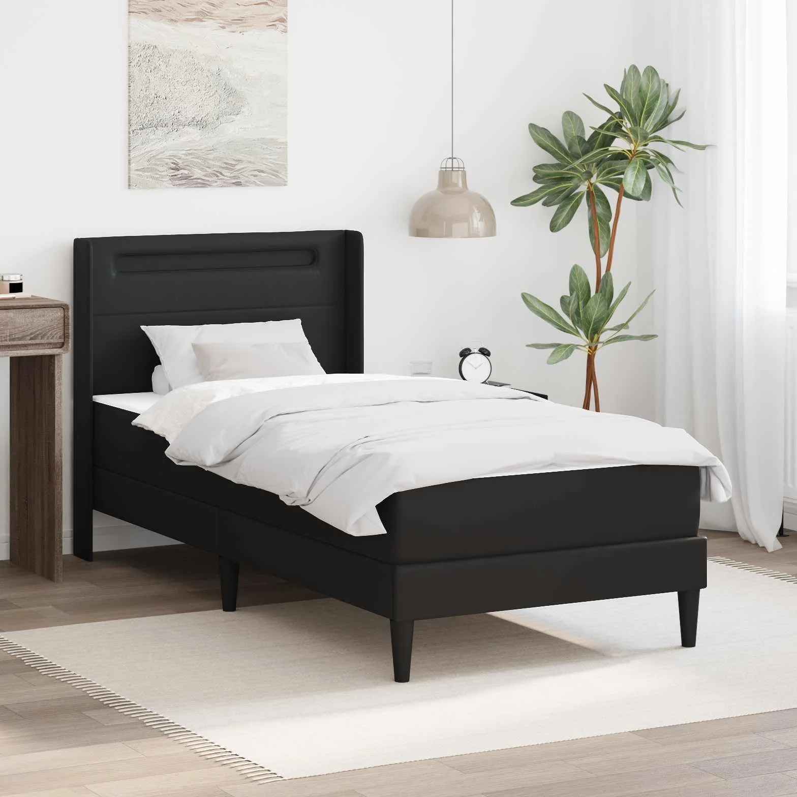 Marco de cama con tiras de luz LED, color negro, 90 x 190 cm, piel sintética, estructura de madera resistente, control USB, ahorro de espacio, cabecero cómodo, adecuado para dormitorios