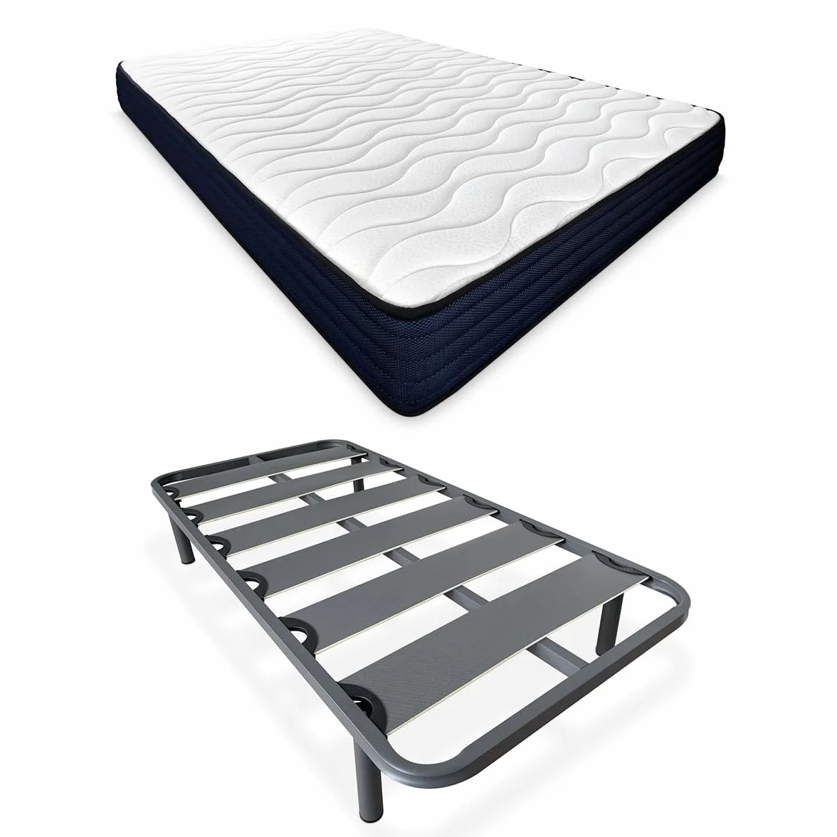 mattfy - Cama Completa con Colchón Kloe Reversible + Somier de Láminas Reforzado con 4 Patas Cilíndricas Metálicas Roscadas, 90 x 190
