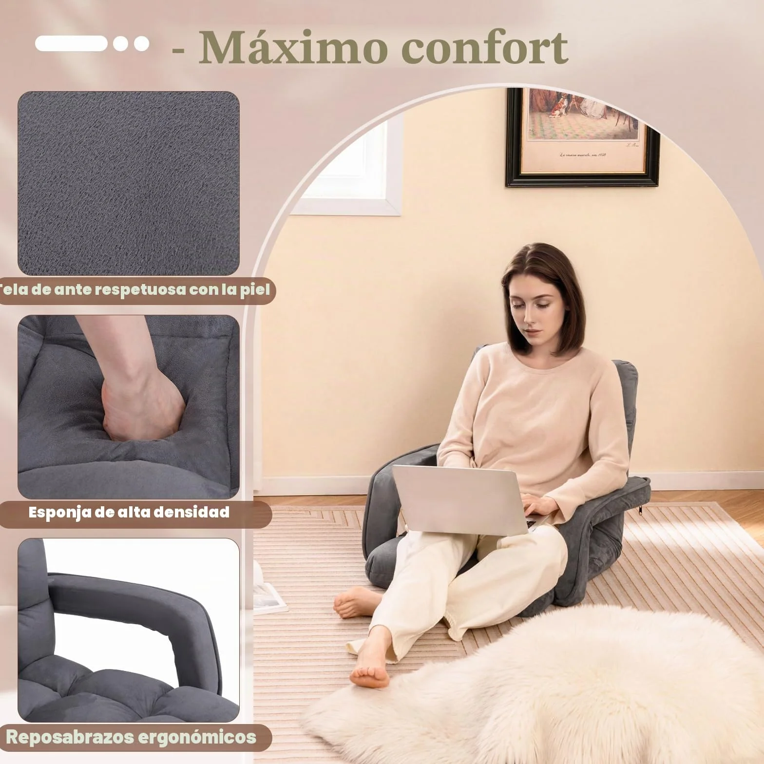 RELAX4LIFE Sillón Plegable de Suelo Ajustable en 6 Posiciones, Sofá Suelo de Tela de Gamuza, Sillón Perezoso con Respaldo, Reposabrazos y Marco Metal para Sala de Estar, Dormitorio, Balcón (Gris)