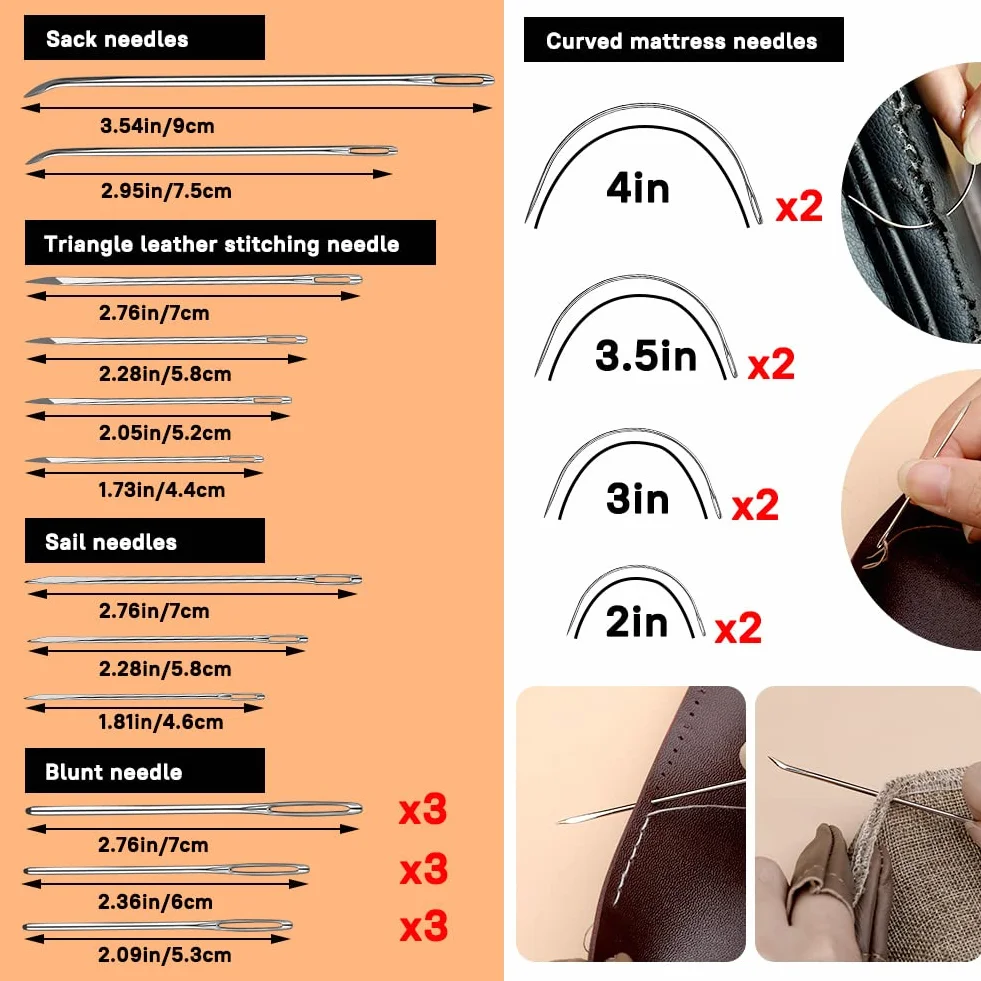 Kit de costura de cuero, kit de reparación de tapicería de costura de cuero, kit de trabajo de cuero con 8 hilos de tapicería, agujas de coser de cuero, kit de herramientas de artesanía de cuero para