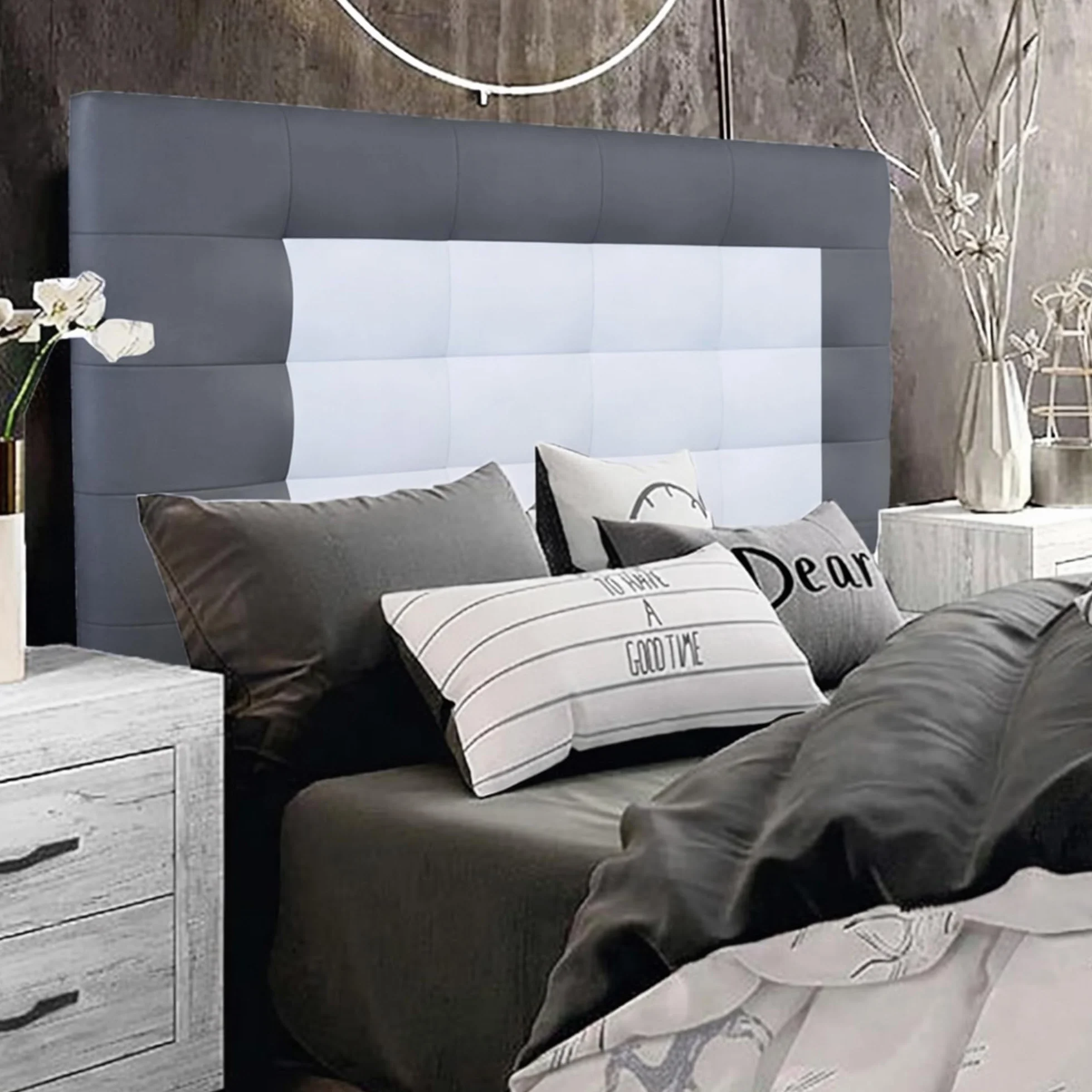 ONEK-DECCO Cabecero de Cama Mod.Florida con Marco, tapizado en Polipiel para Cama de niño,Juvenil y Matrimonio Cabezal de Colgar 70 cm.Alto (190X70, Gris-Blanco)