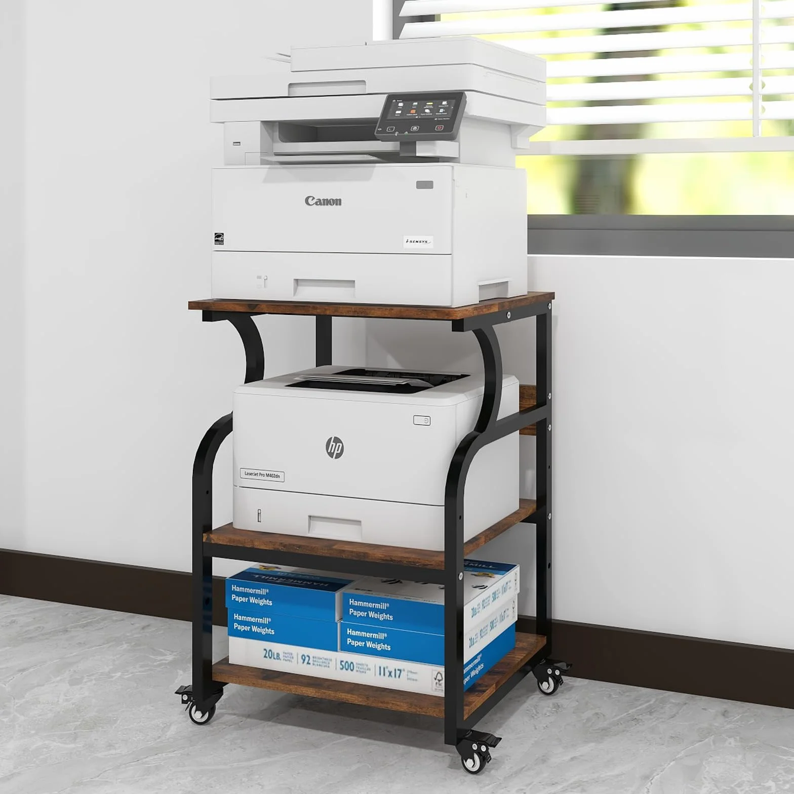 PUNCIA Mesa para Impresora Ajustable en Altura 60x50cm 3 Niveles con Ruedas Madera y Metal Carrito Almacenaje Oficina Escuela Estudio