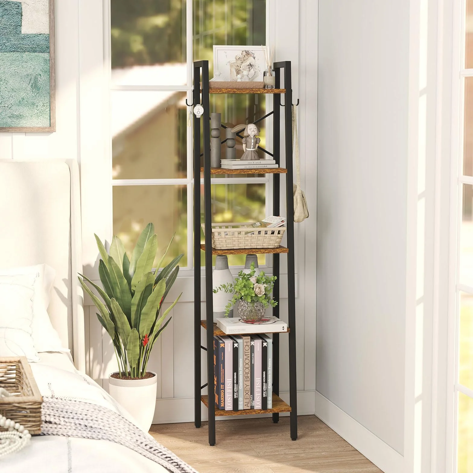 YMYNY 160CM Librería, Estantería de Escalera con 4 Ganchos, Estantería de 5 Niveles, para Salón Dormitorio Cocina Oficina en Casa, Estilo Industrial, Marco de Metálica, Marrón Rústico HBC025H
