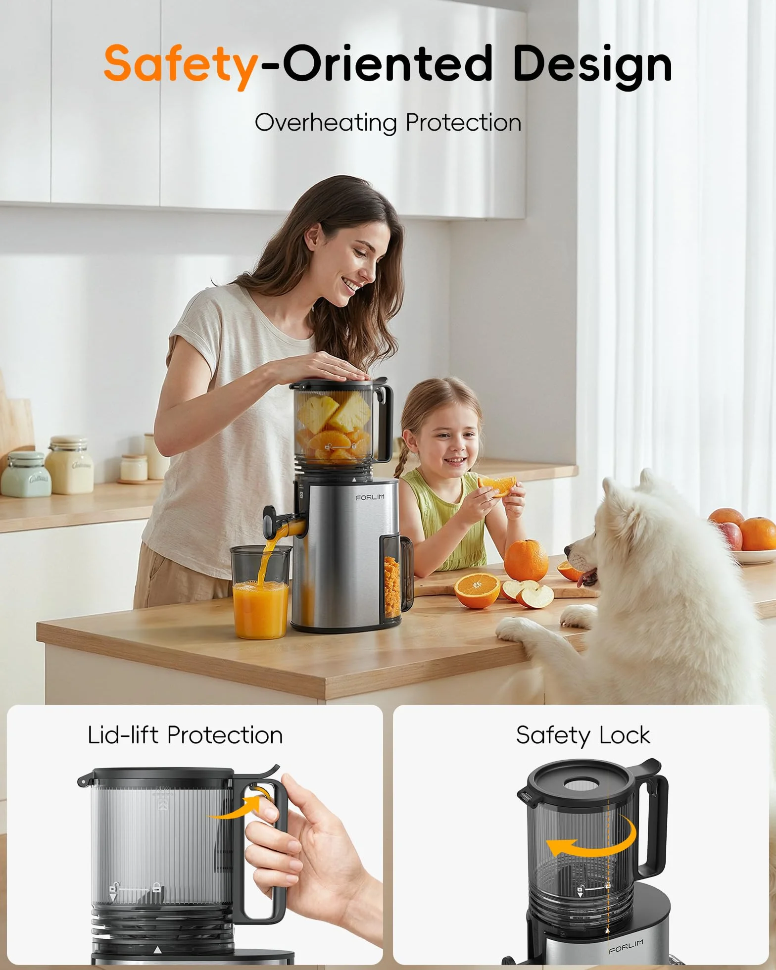 FORLIM Extractor de Zumos y Verduras, 130mm Boca Grande Autoalimentada, 250W Automático Lento Masticador con 1,7L Tolva, Alto Rendimiento, Fácil Limpieza, Plata Clásica
