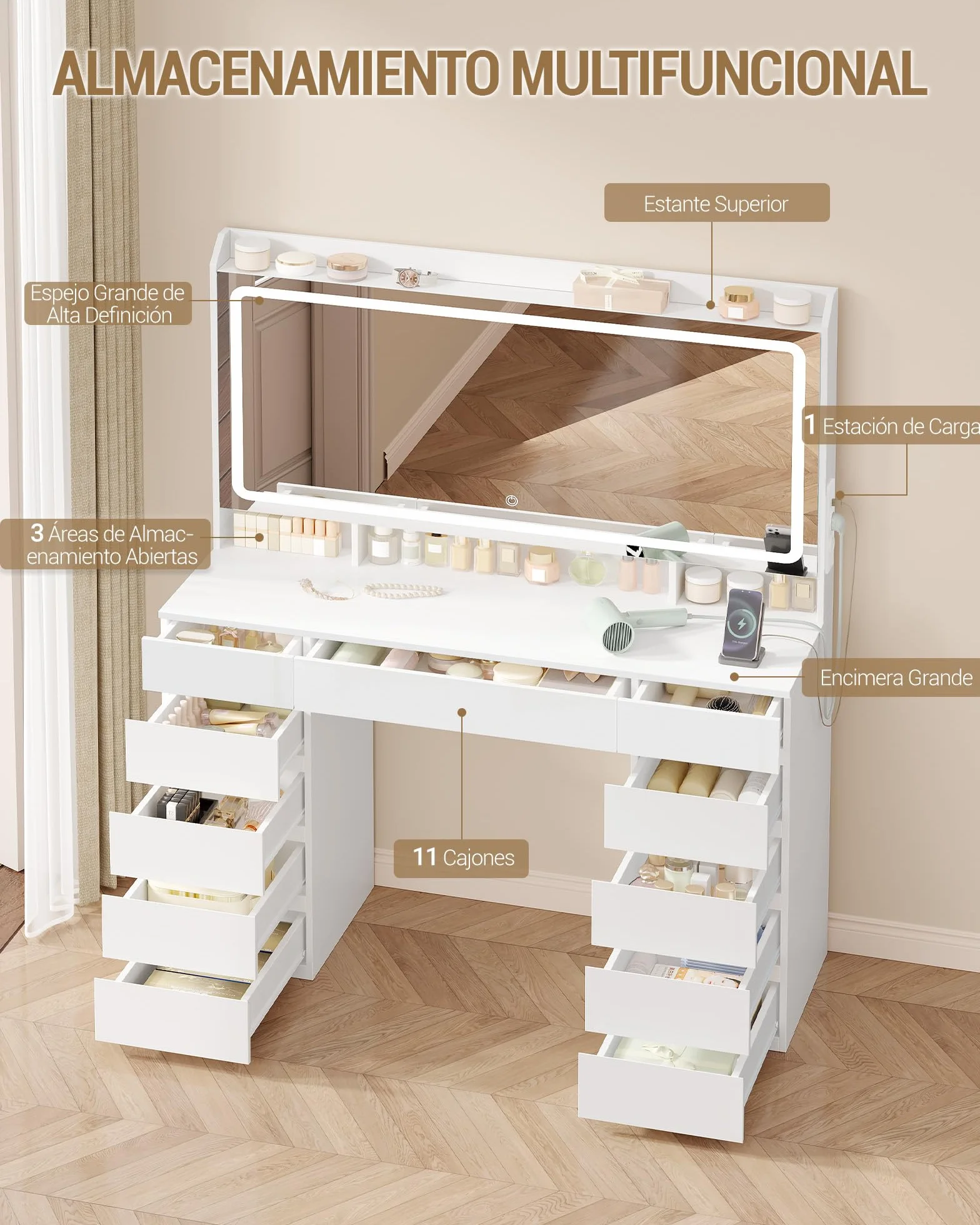 Hzuaneri 108 cm Tocador de Maquillaje, Tocador con Espejo HD Grande, Luces LED Regulables y Enchufes, 11 Cajones, 3 Compartimentos de Almacenamiento y 1 Estante Superior, Blanco DT43003XEU