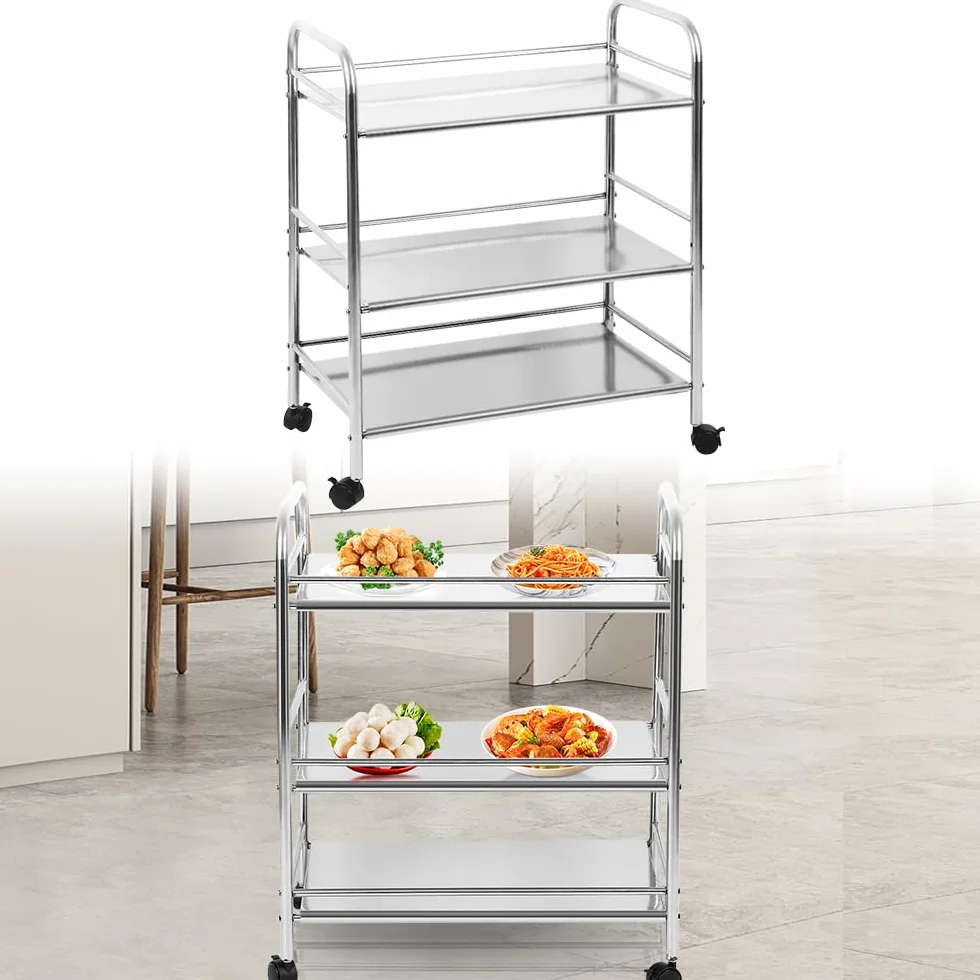 Carrito de Cocina de 3 Alturas, Acero Inoxidable Catering Mobiliario Hogar Hostelería Práctico Ruedas Giratorias Robusto Estable-Carrito Multiusos para Cocina y salón (60 x 36 x 74 cm)