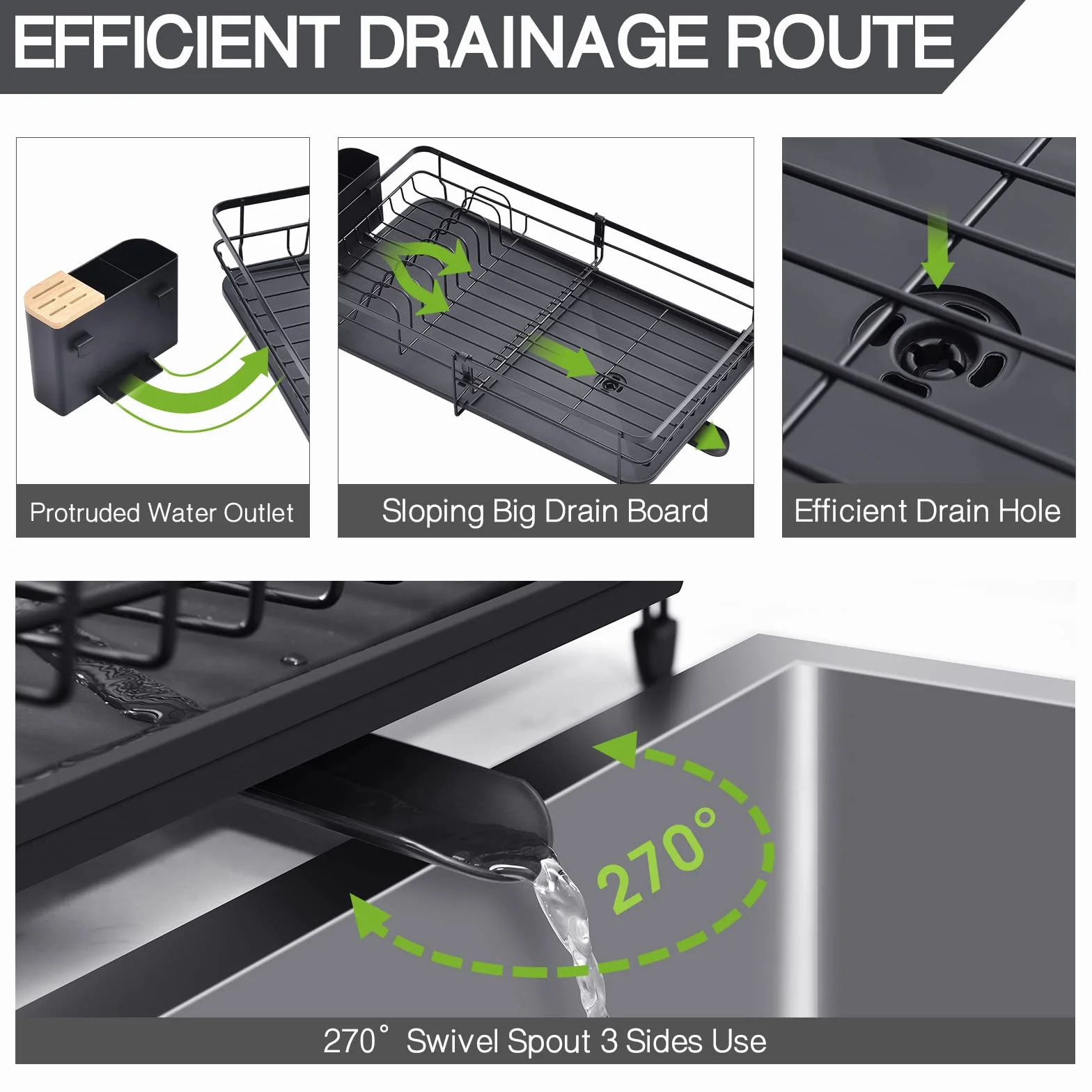 KINGRACK Escurreplatos Extensible de Gran Capacidad con Soporte para Cubiertos Extraíble, Negro