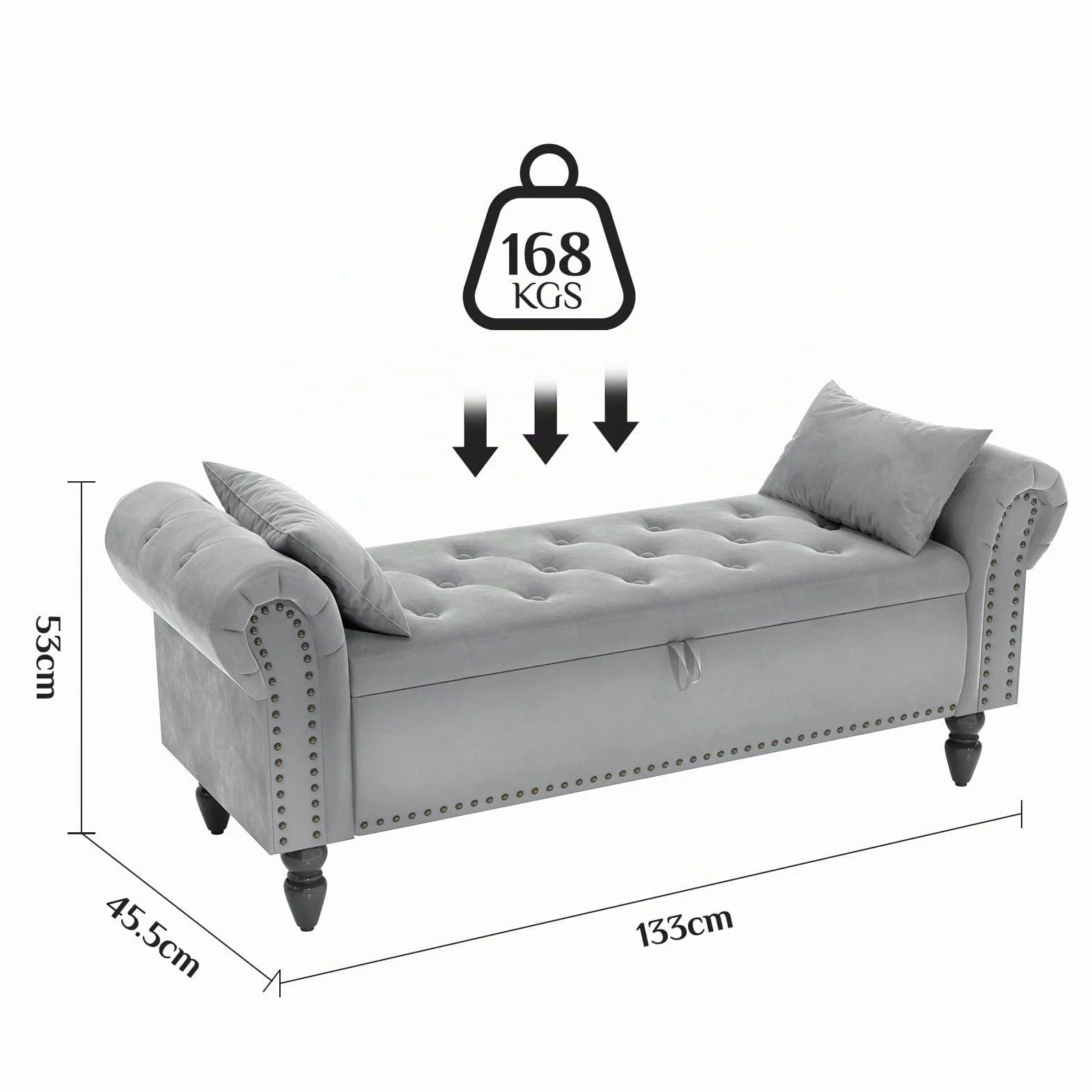 Clevich Banco con Almacenaje 133cm, Terciopelo Baul Almacenaje Dormitorio con Varilla de Elevación, Estilo de Francés, Extremo de la Cama con Tapa, Patas de Madera Maciza (Gris Claro)